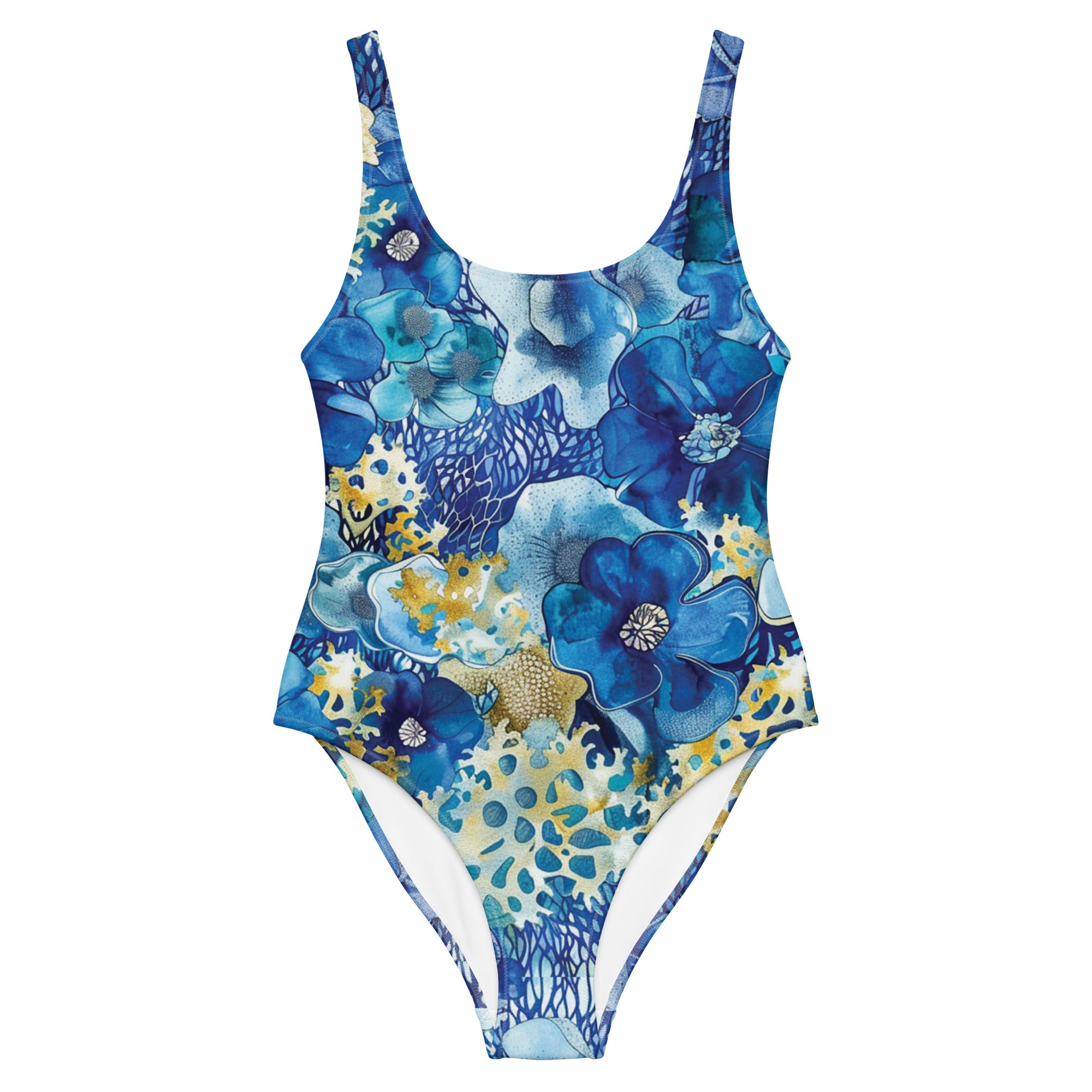 Coral Blossoms One-Piece Swimsuit – front view – one piece swimsuit for scuba diving, snorkeling, and tropical ocean days