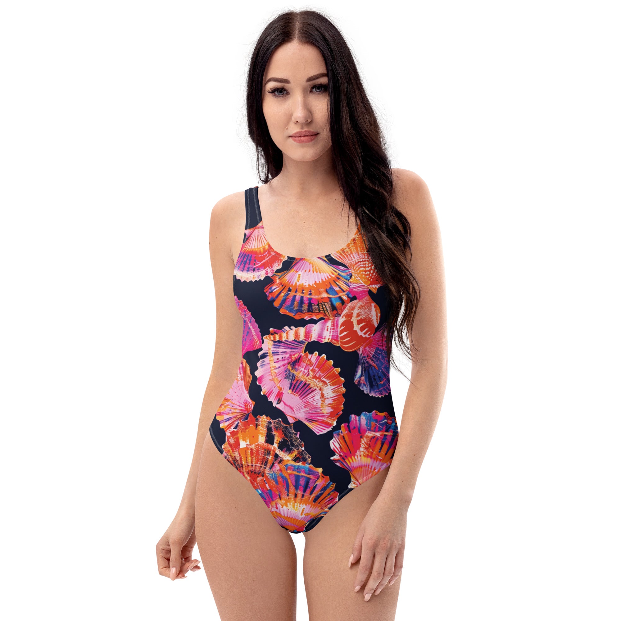 Neon Shells One-Piece Swimsuit – front view – scuba one piece swimsuit with UPF 50+ sun protection for divers
