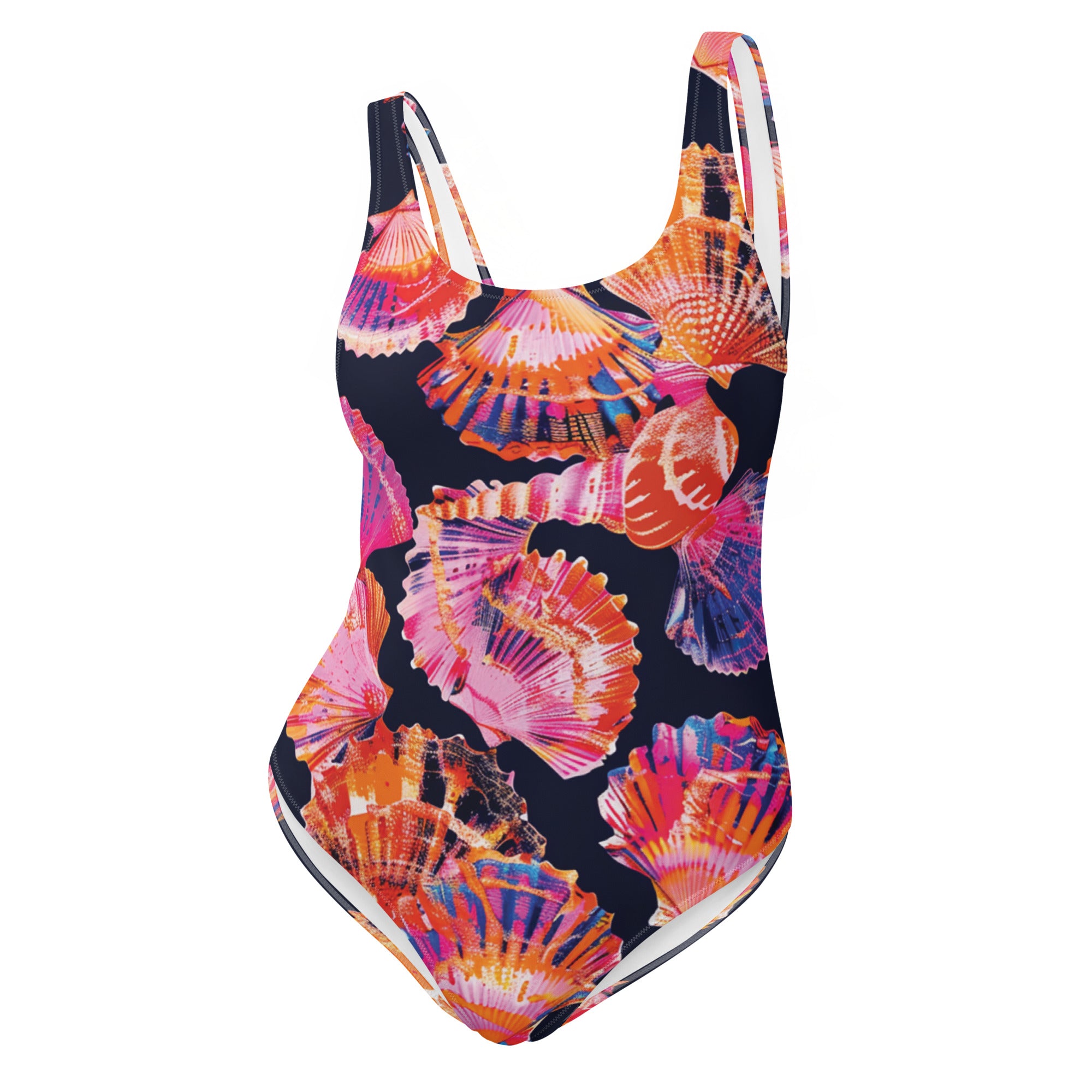 Neon Shells One-Piece Swimsuit – front view – one piece diving swimsuit that stays put under a wetsuit and rash guard