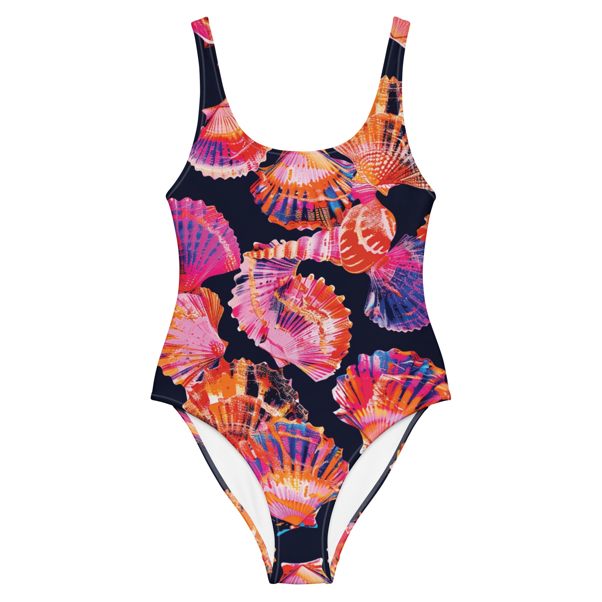 Neon Shells One-Piece Swimsuit – front view – one piece swimsuit for scuba diving, snorkeling, and tropical ocean days