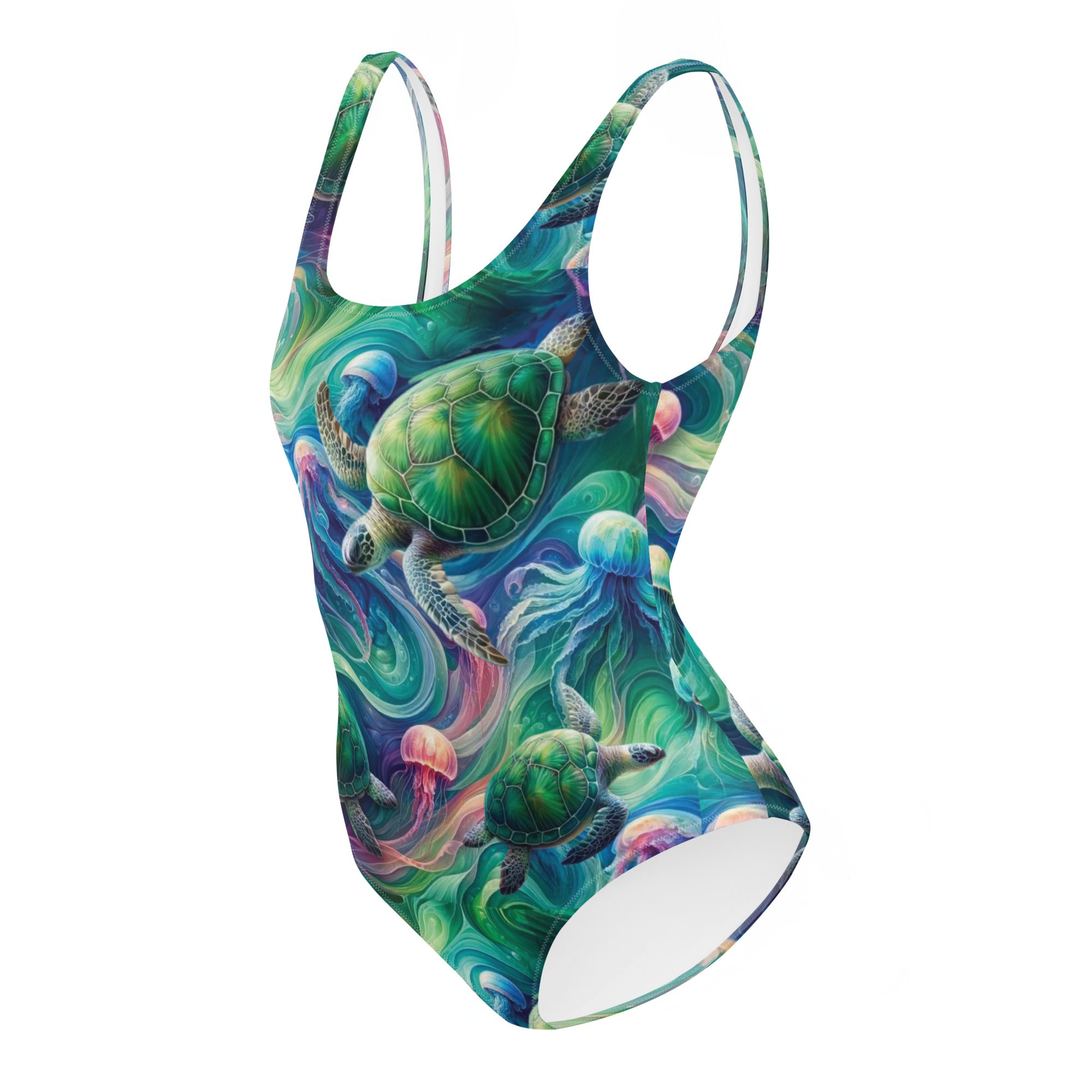 Psychedelic Turtle One-Piece Swimsuit – left side view – diving one piece swimsuit for warm water scuba and reef snorkeling