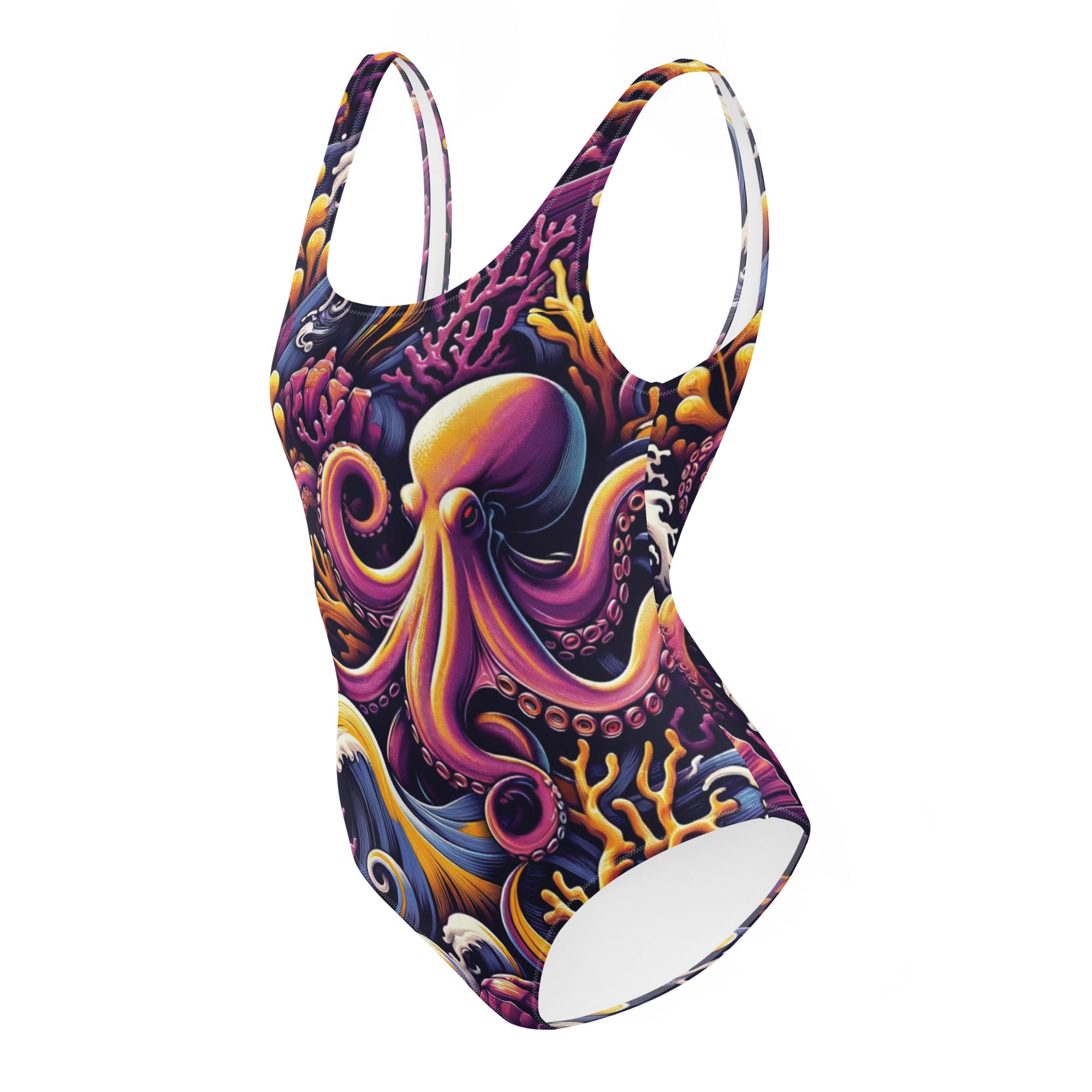 Octopus Ink One-Piece Swimsuit – left side view – scuba swimsuit one piece in soft recycled polyester for ocean lovers
