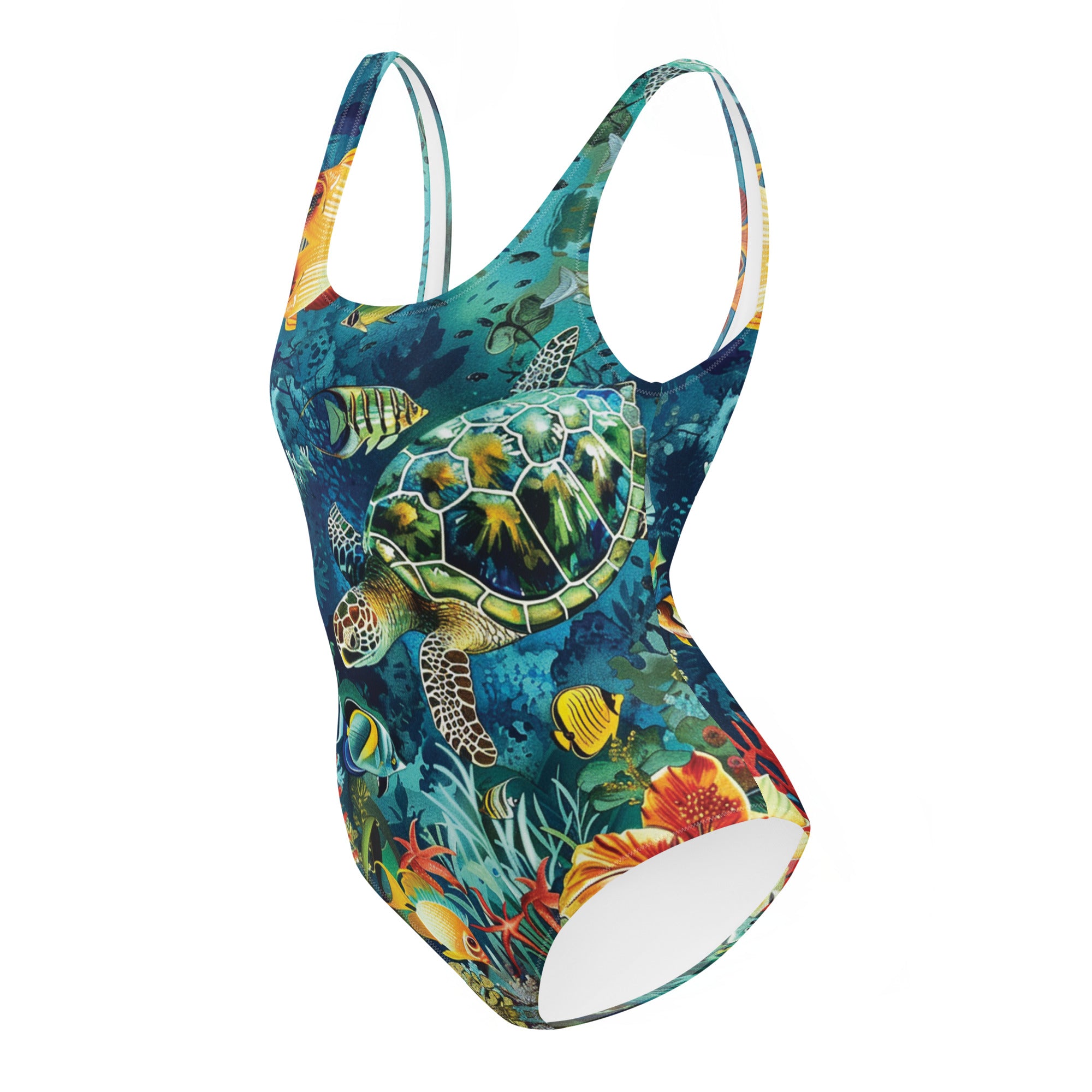 Maldives One-Piece Swimsuit – left side view – scuba swimsuit one piece in soft recycled polyester for ocean lovers