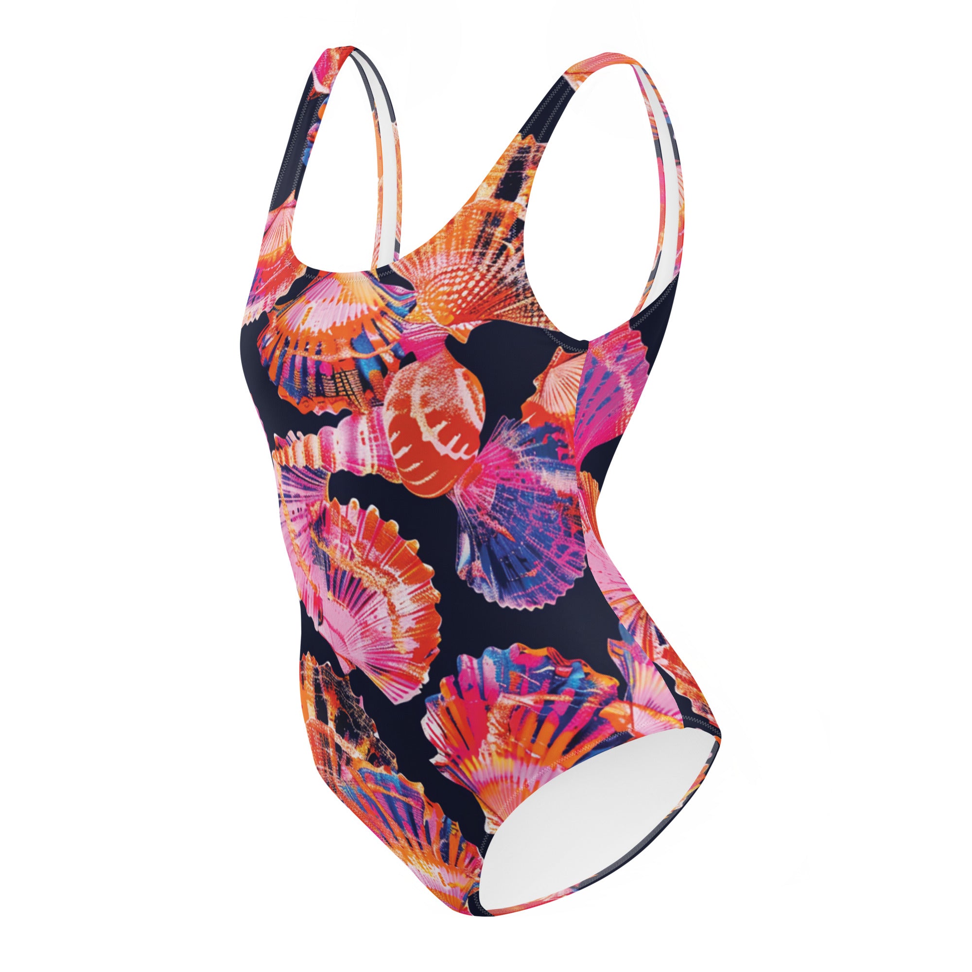 Neon Shells One-Piece Swimsuit – left side view – scuba swimsuit one piece in soft recycled polyester for ocean lovers