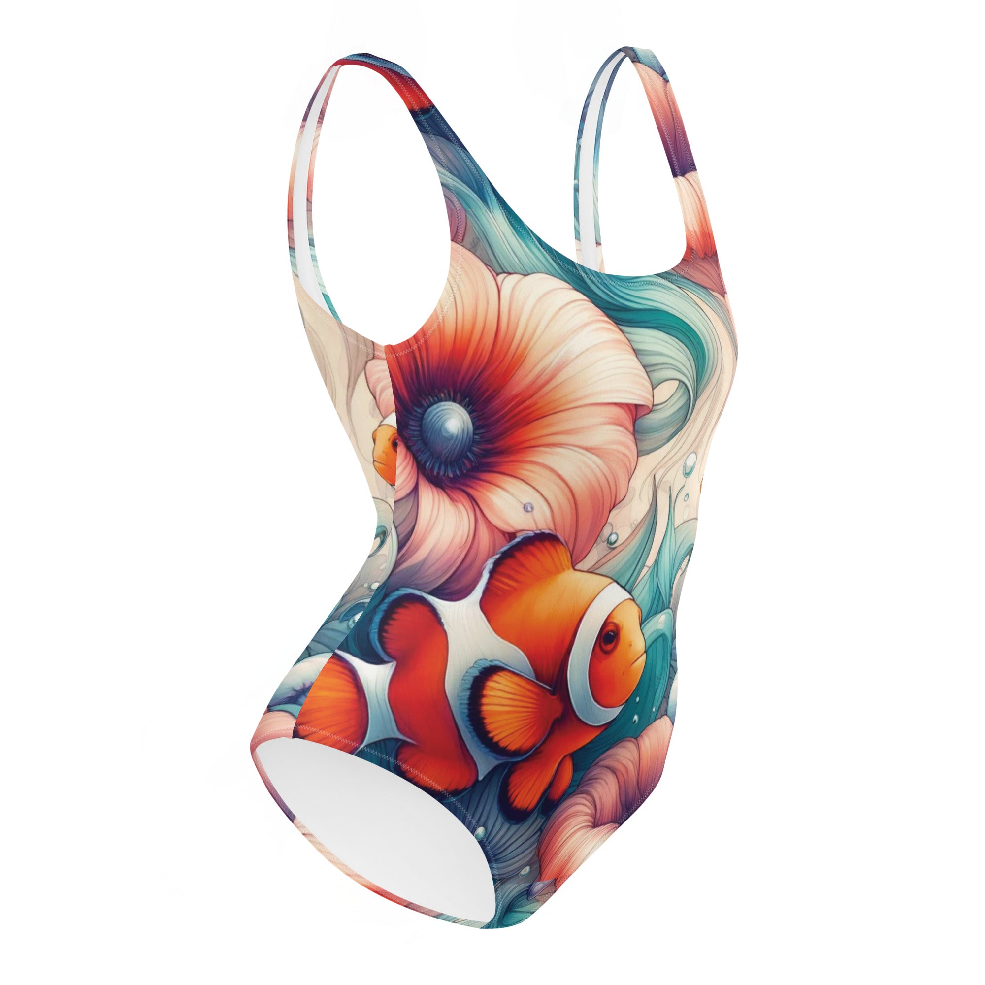 Clownfish Gardens One-Piece Swimsuit – right side view – scuba swimsuit one piece in soft recycled polyester for ocean lovers