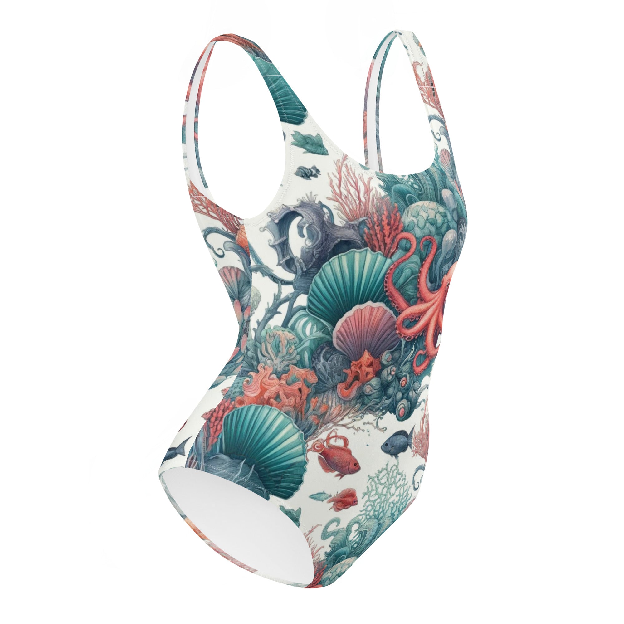 Octopus Reef One-Piece Swimsuit – right side view – scuba swimsuit one piece in soft recycled polyester for ocean lovers