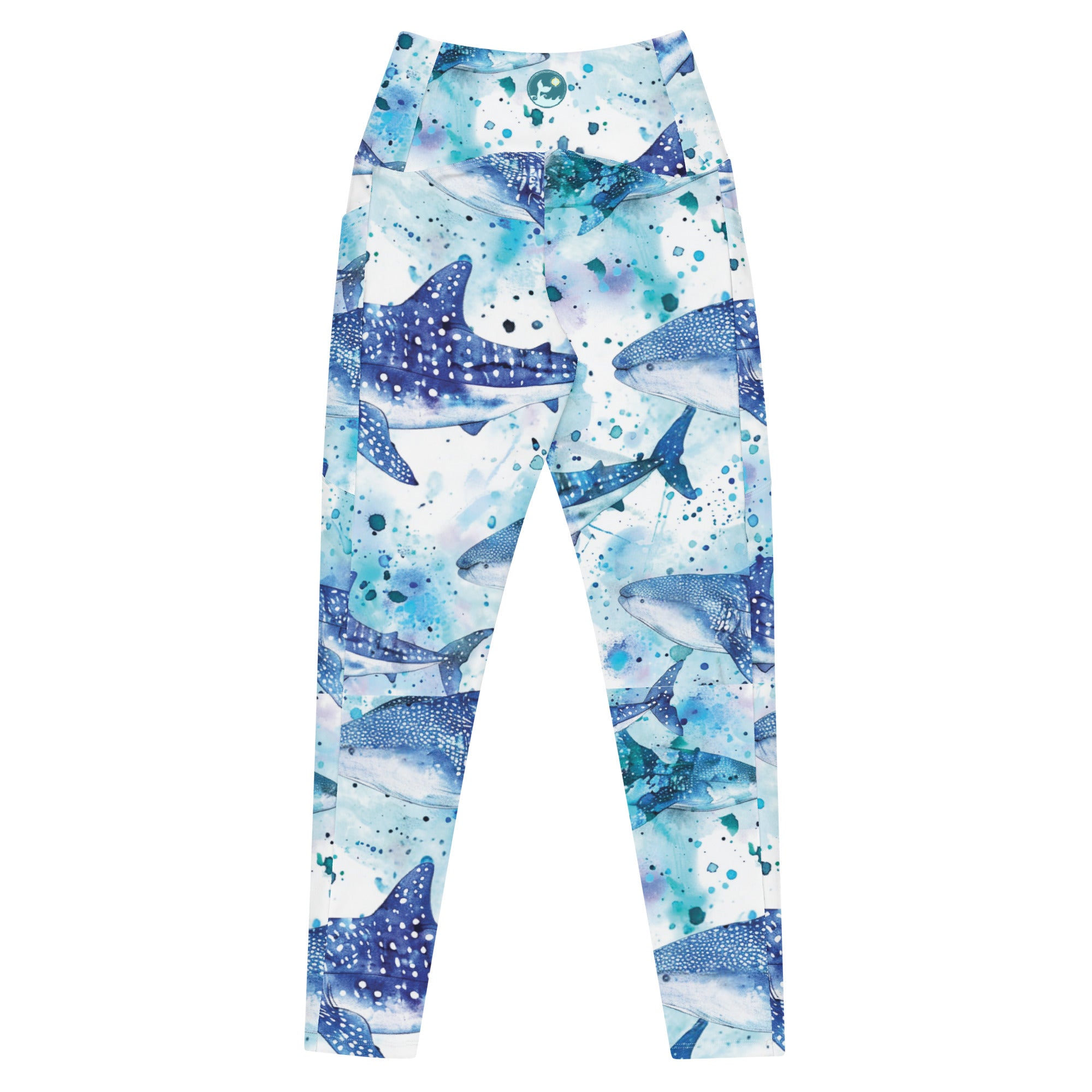 Whimsical Whale Shark Scuba Leggings (with pockets!) – back view – scuba leggings for snorkeling, freediving, and warm water scuba diving