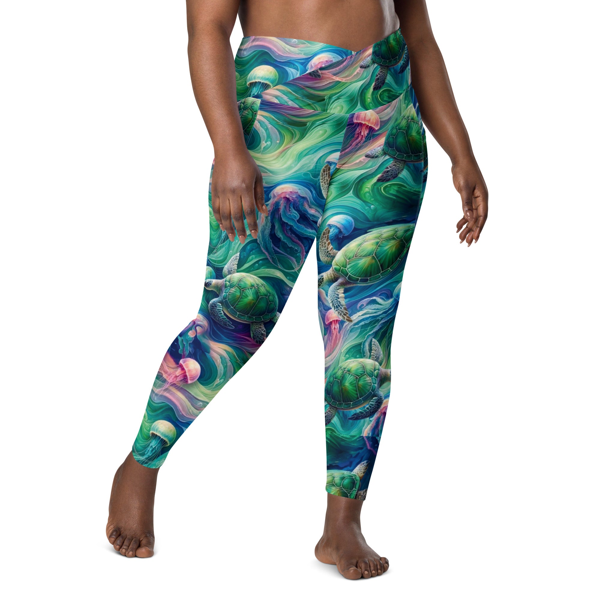 Psychedelic Turtle Scuba Leggings (with pockets!) – front view – dive leggings with pockets for warm water scuba diving and snorkeling
