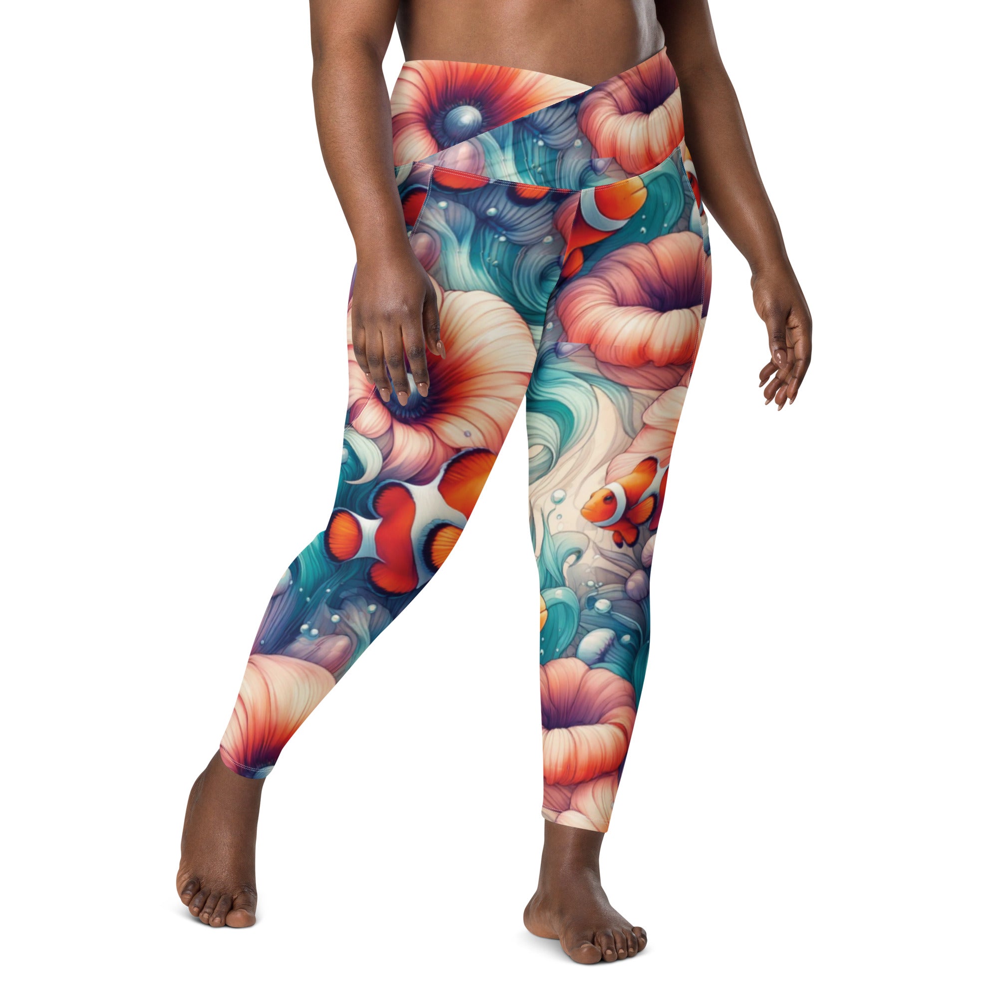 Clownfish Gardens Scuba Leggings (with pockets!) – front view – sustainable scuba diving leggings in soft recycled polyester