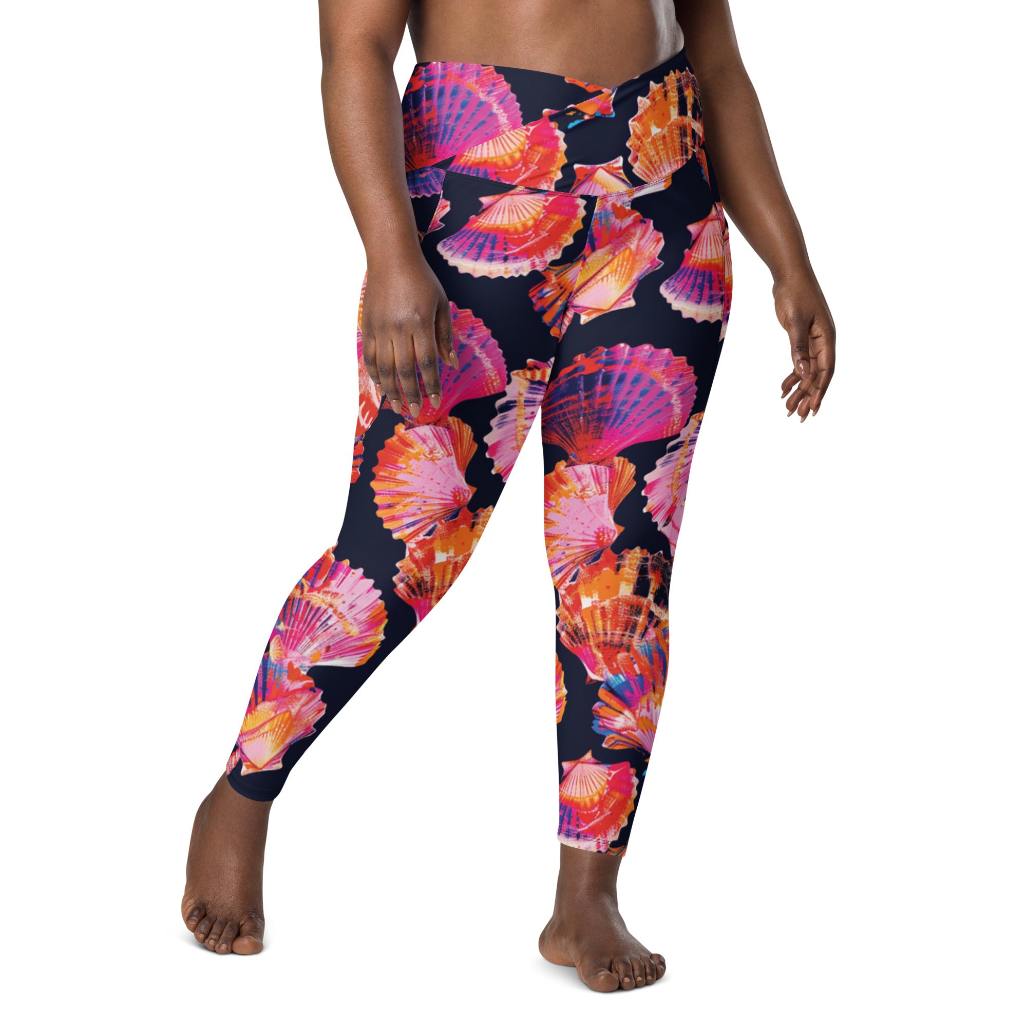 Neon Shells Scuba Leggings (with pockets!) – front view – dive leggings with pockets for warm water scuba diving and snorkeling
