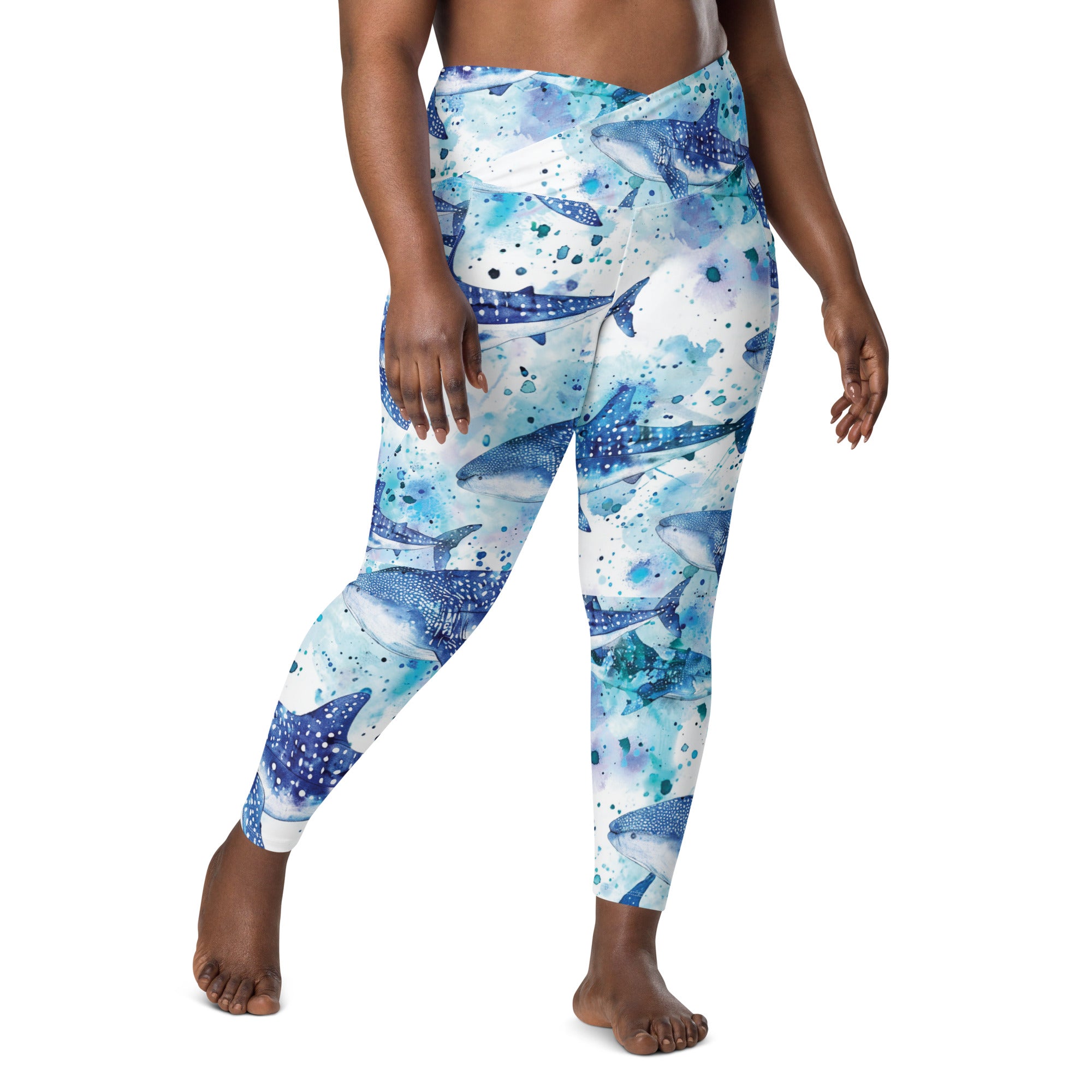 Whimsical Whale Shark Scuba Leggings (with pockets!) – front view – dive leggings with pockets for warm water scuba diving and snorkeling