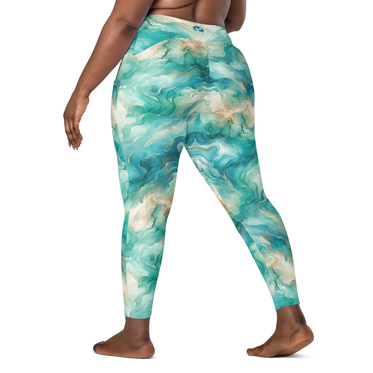 Turquoise Seas Scuba Leggings (with pockets!) – back view – sustainable scuba diving leggings in soft recycled polyester