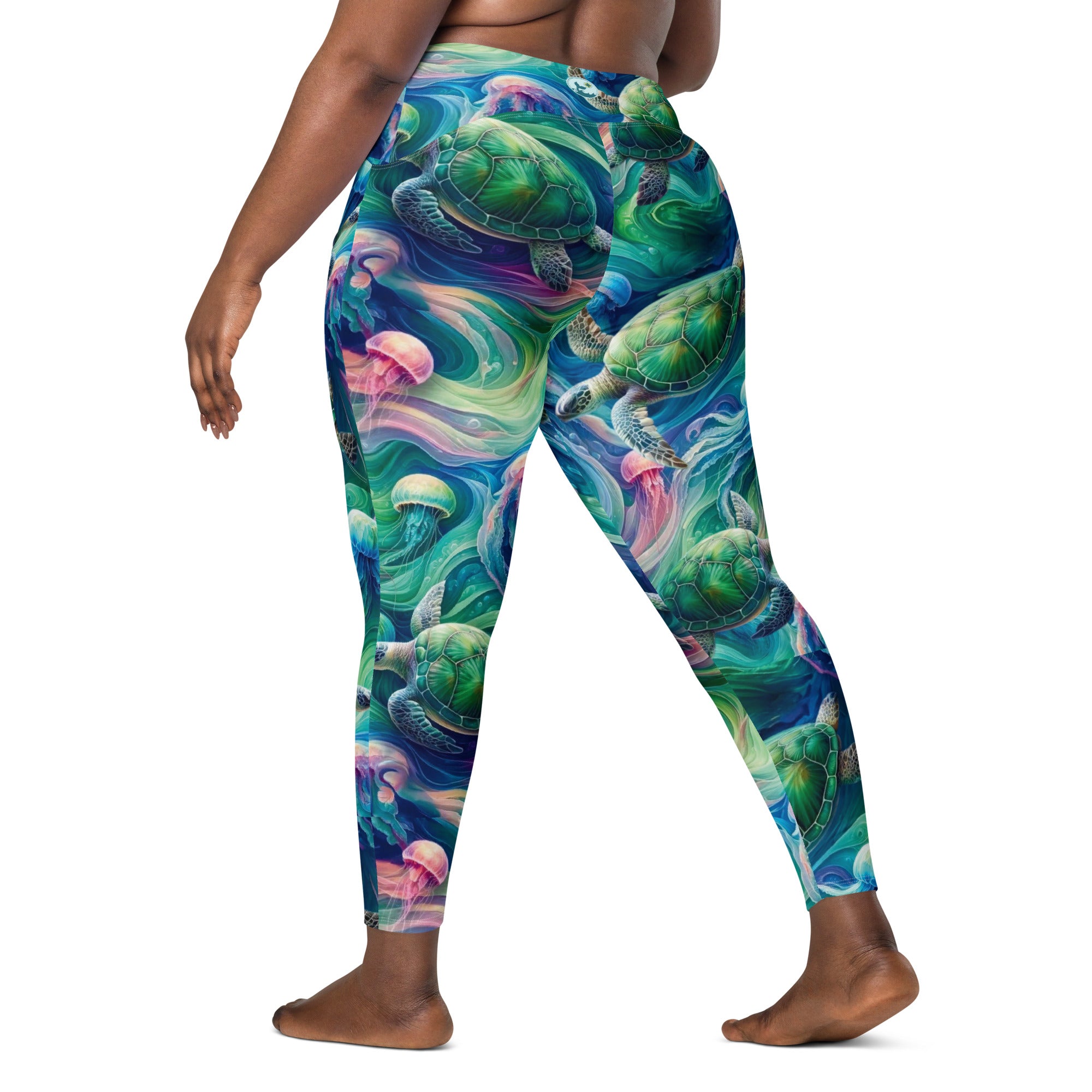 Psychedelic Turtle Scuba Leggings (with pockets!) – back view – sustainable scuba diving leggings in soft recycled polyester