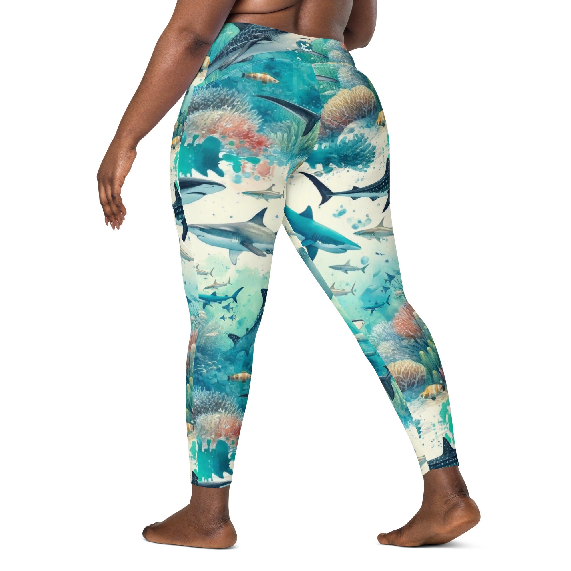 Shark Frenzy Scuba Leggings (with pockets!) – back view – sustainable scuba diving leggings in soft recycled polyester