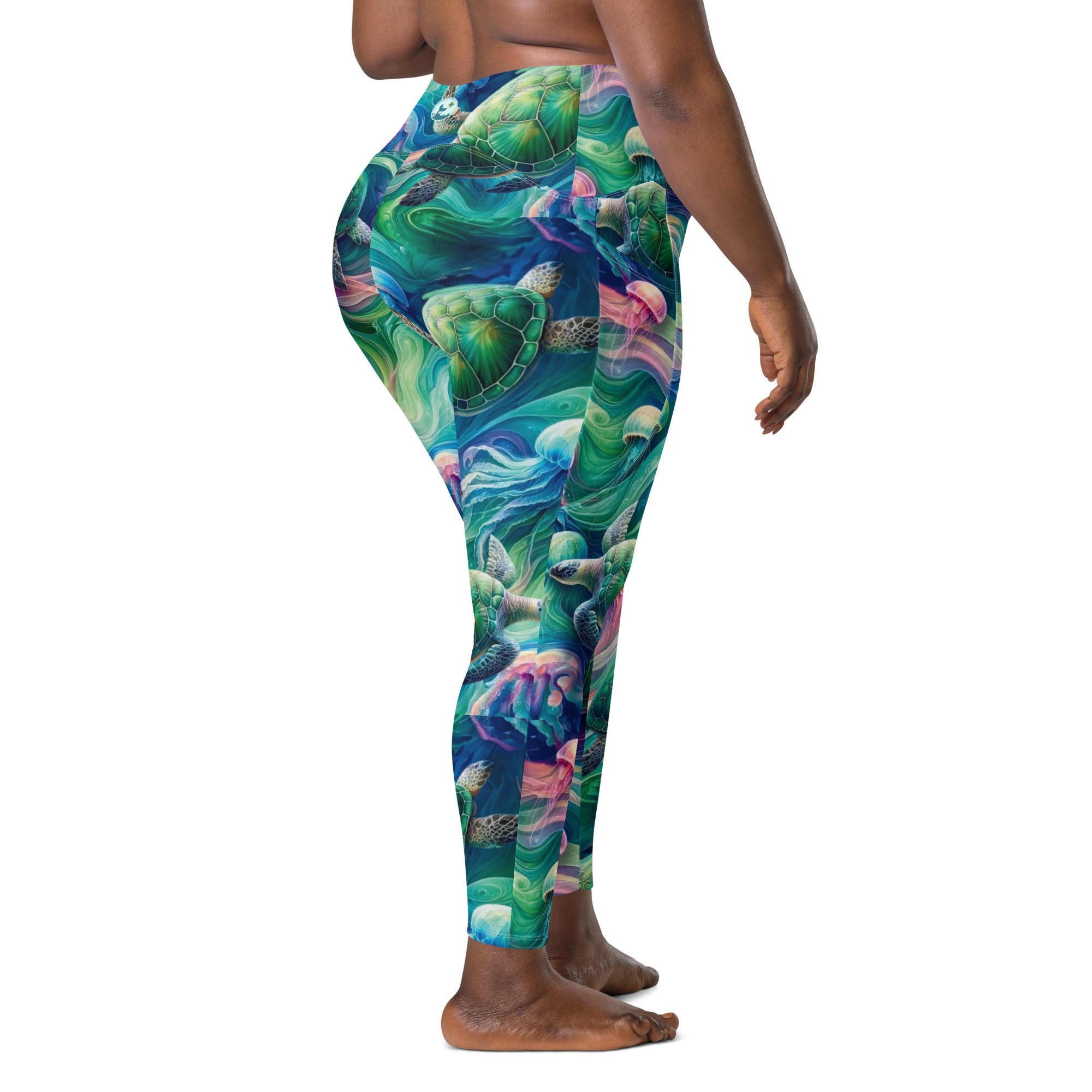 Psychedelic Turtle Scuba Leggings (with pockets!) – back view – women's diving leggings made for ocean adventures and reef snorkeling