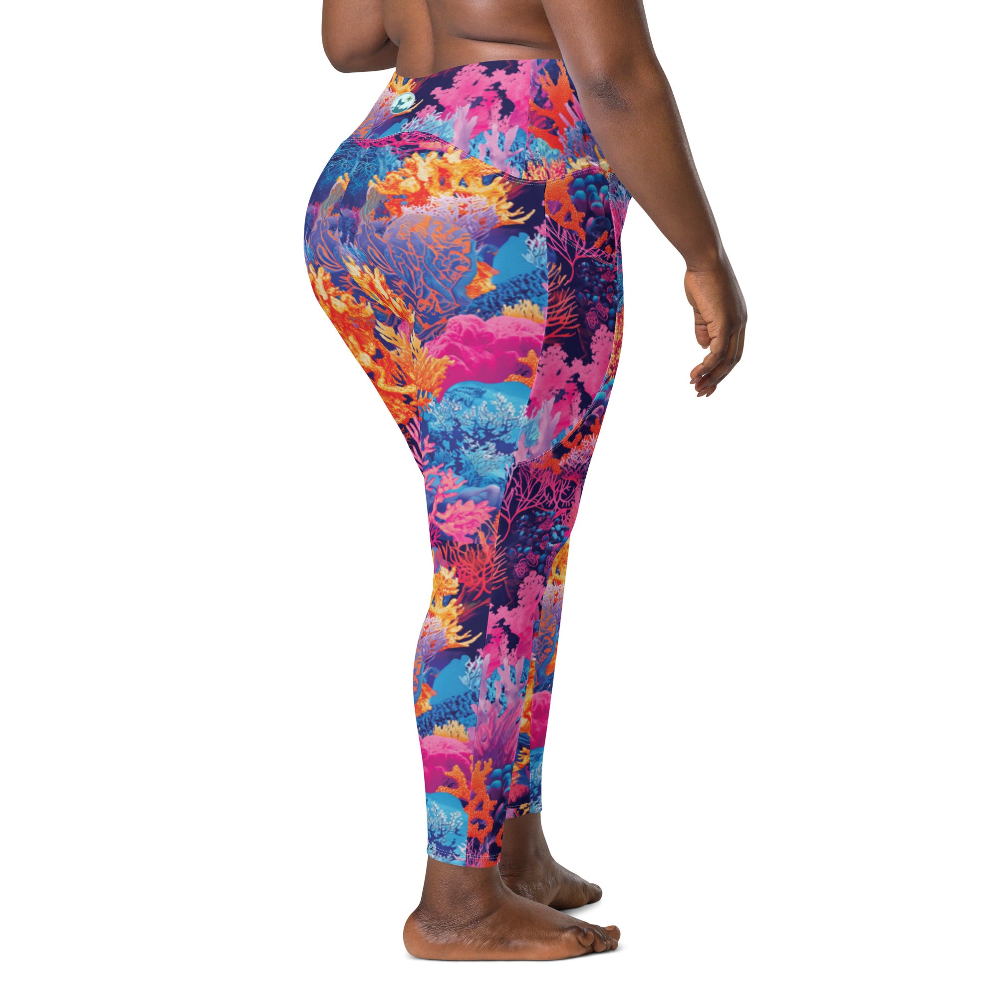 Fire Corals Scuba Leggings (with pockets!) – back view – sustainable scuba diving leggings in soft recycled polyester