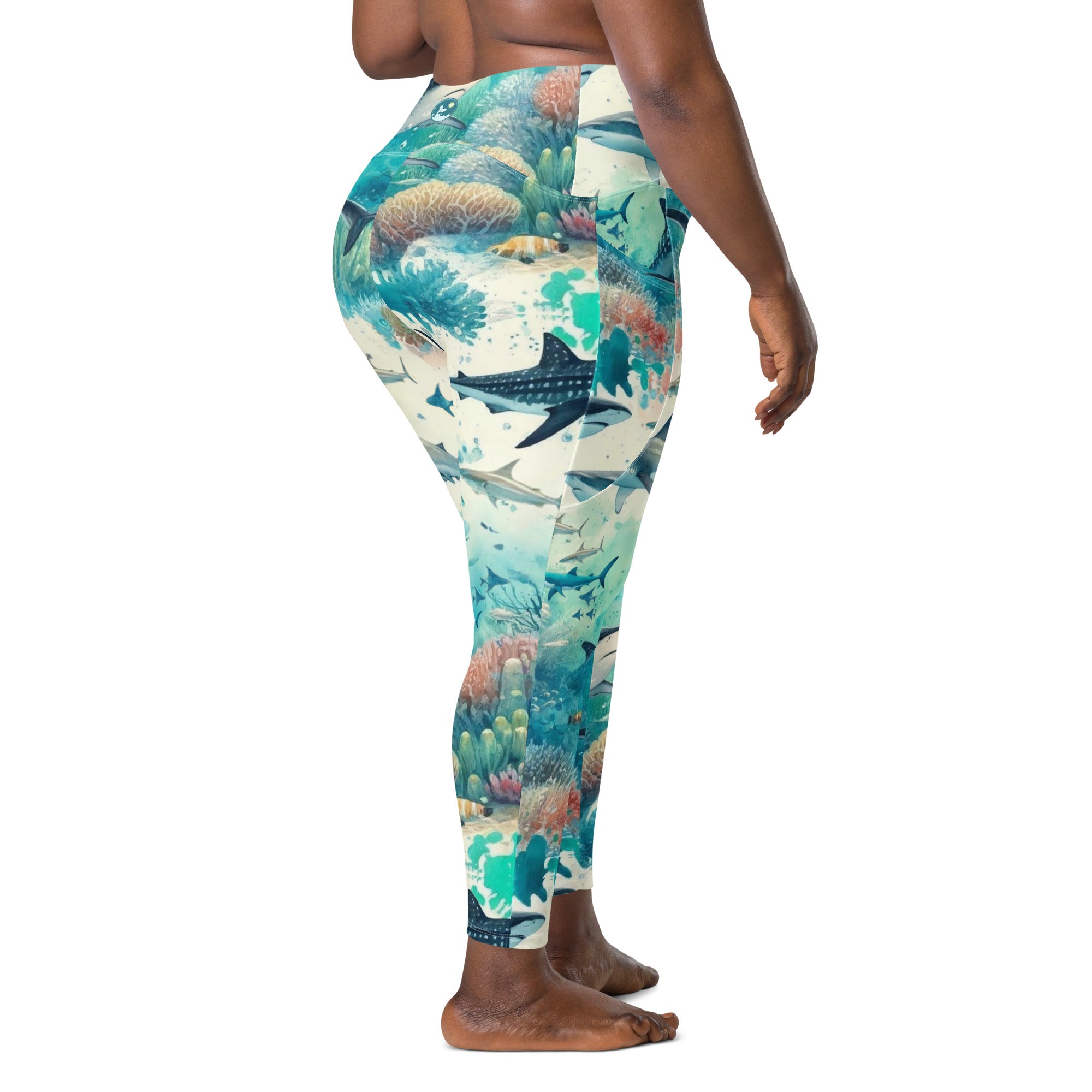 Shark Frenzy Scuba Leggings (with pockets!) – back view – women's diving leggings made for ocean adventures and reef snorkeling