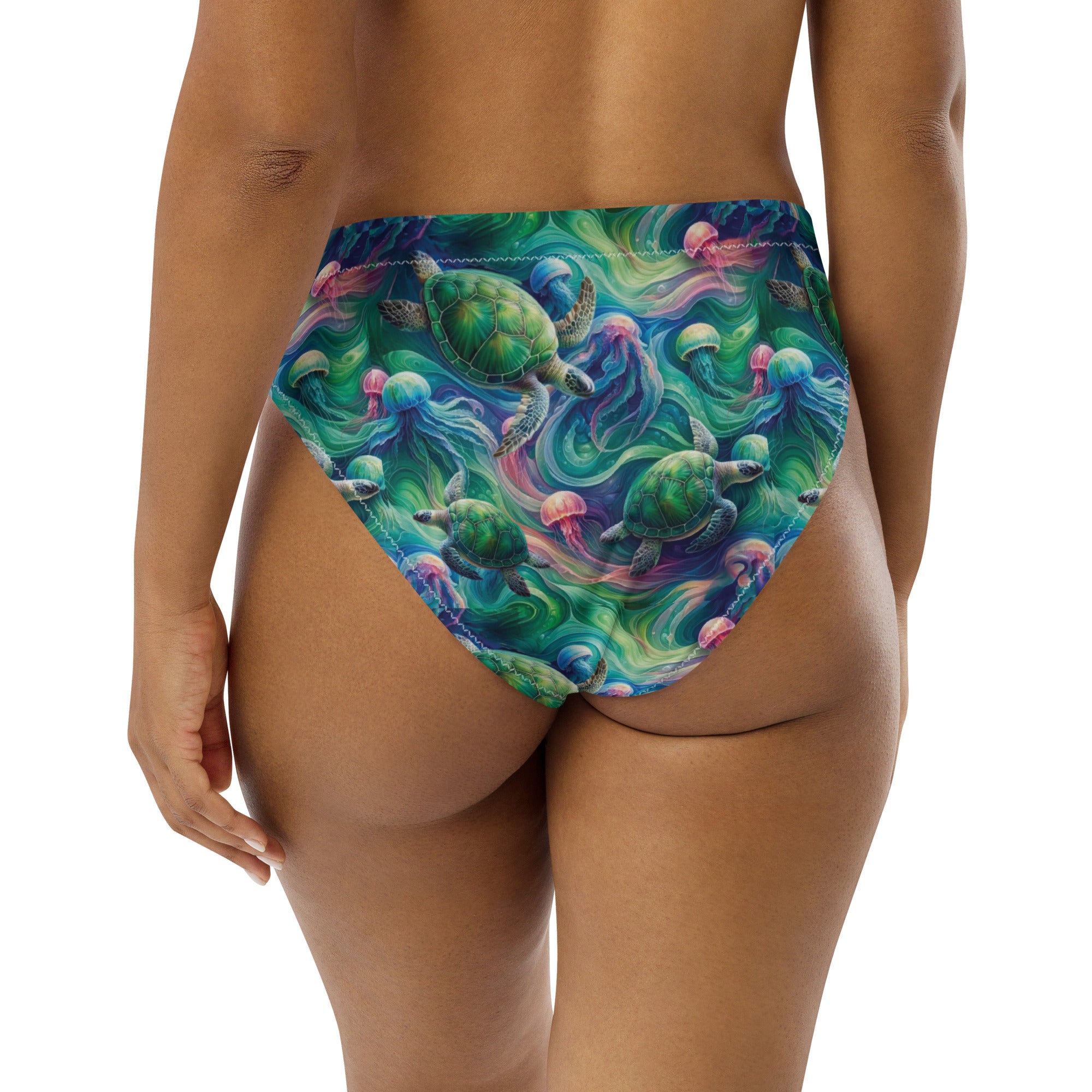 Psychedelic Turtle Scuba Bikini Bottom - High Waisted – back view – recycled scuba bikini for divers, snorkelers, and warm water adventures