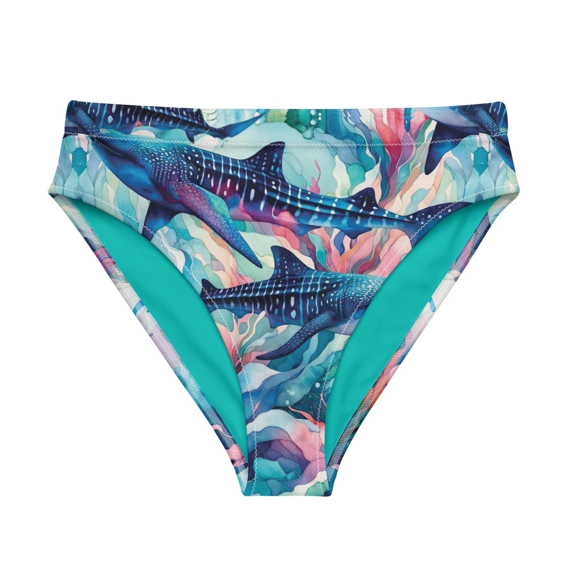 Electric Whale Shark Scuba Bikini Bottom - High Waisted – front view – scuba diving swimsuit with UPF 50+ sun protection for tropical reef diving