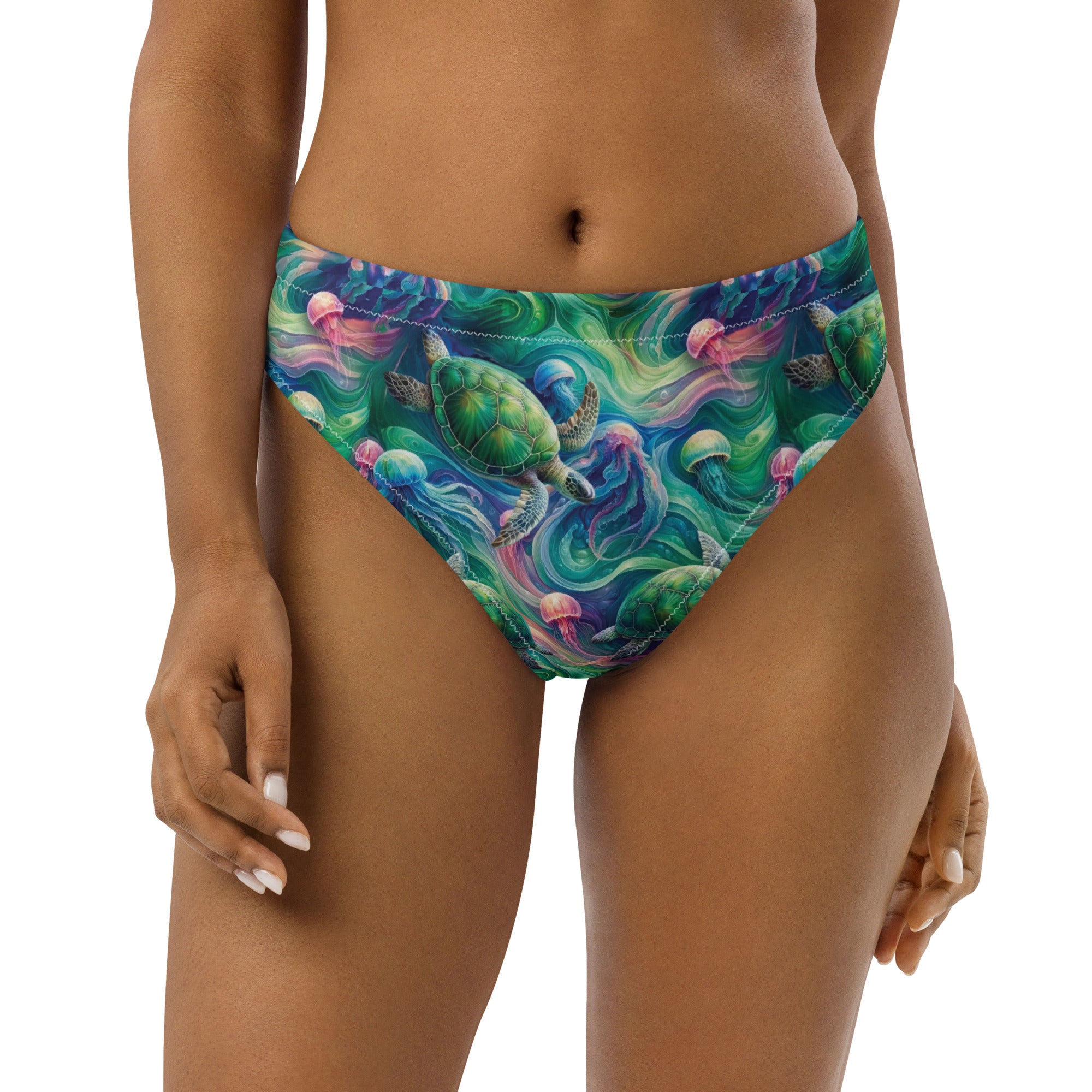 Psychedelic Turtle Scuba Bikini Bottom - High Waisted – front view – diving swimsuit that stays put under a wetsuit for scuba and freediving