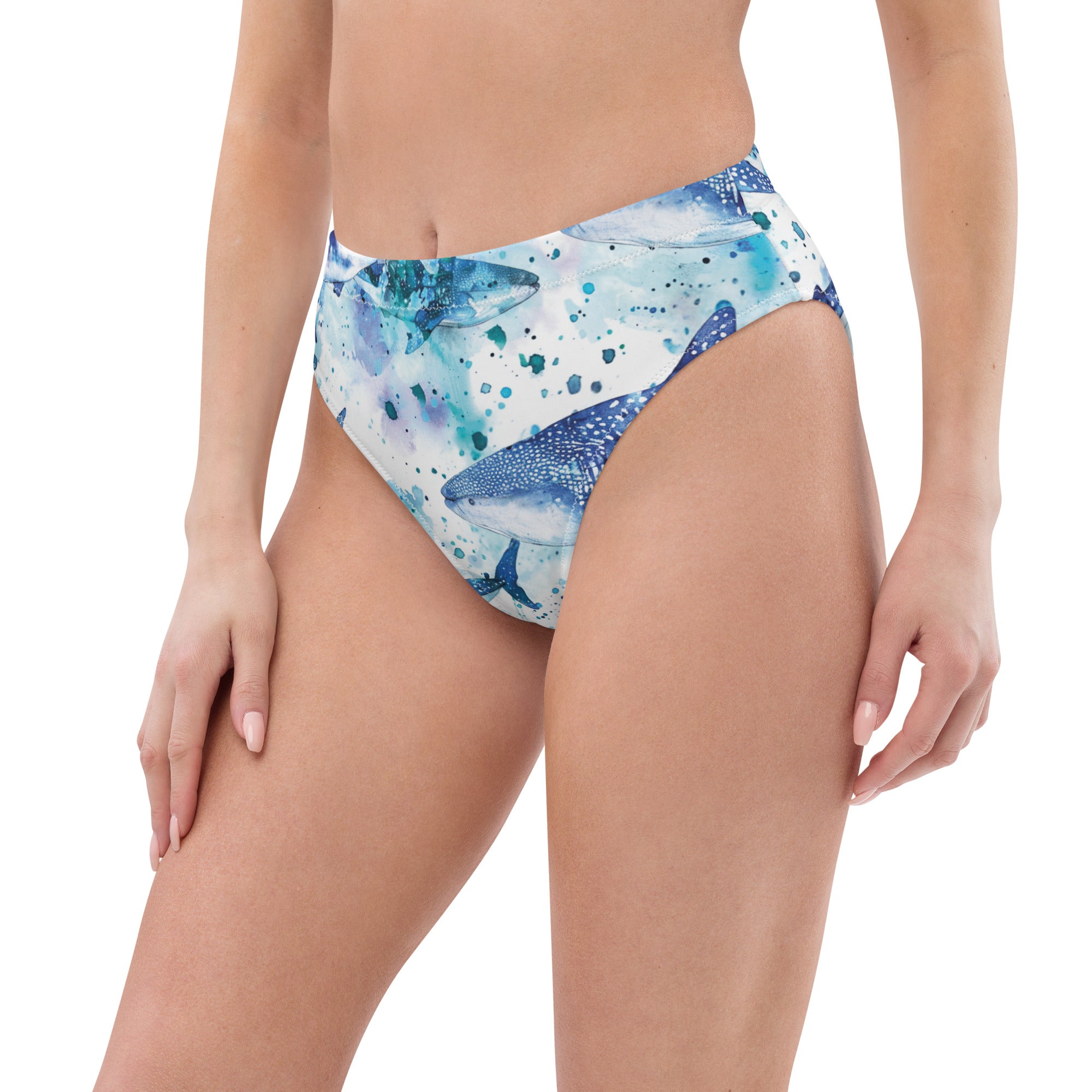 Whimsical Whale Shark Scuba Bikini Bottom - High Waisted – left front view – diving swimsuit that stays put under a wetsuit for scuba and freediving