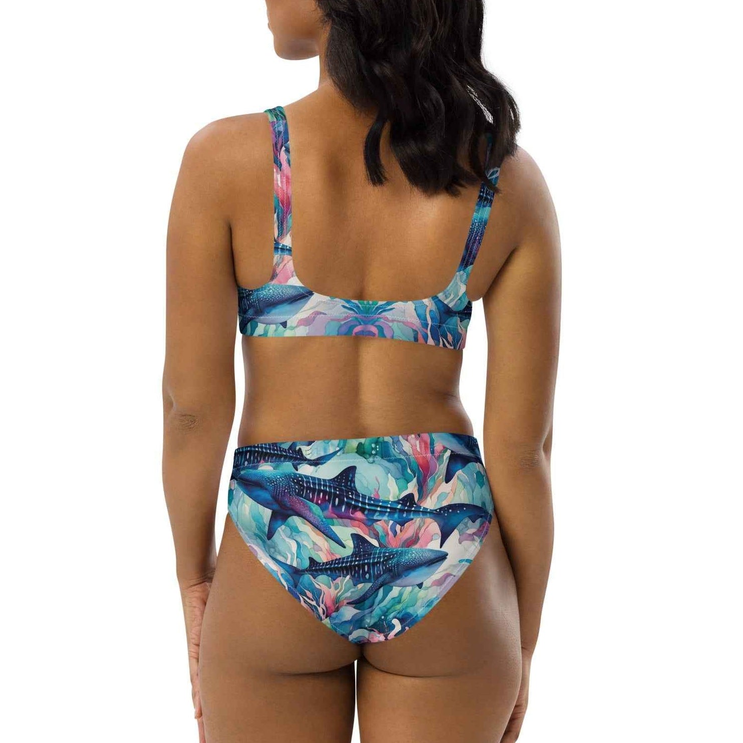 Electric Whale Shark Scuba Bikini - High Waisted Set – back view – diving swimsuit that stays put under a wetsuit for scuba and freediving