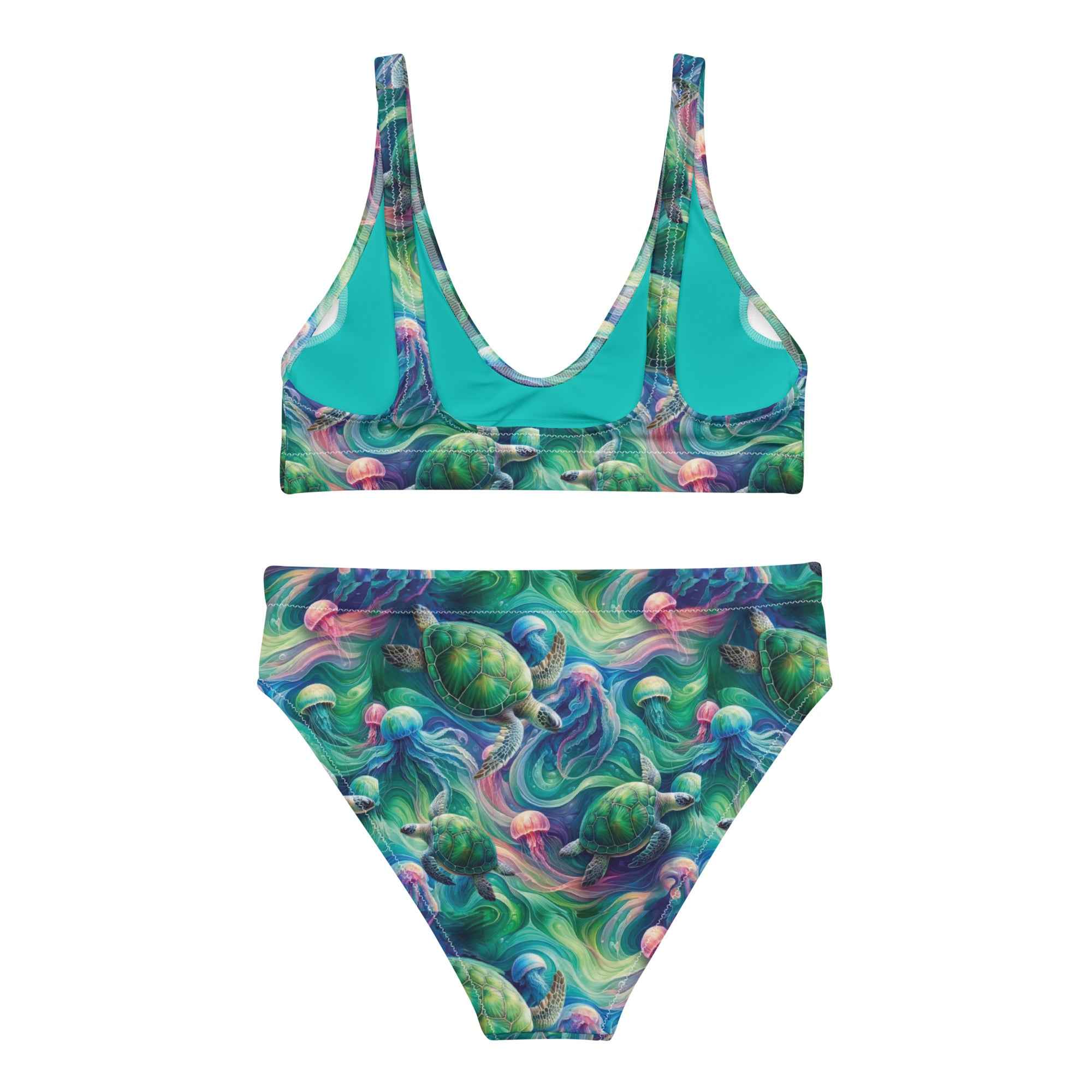 Psychedelic Turtle Scuba Bikini - High Waisted Set – back view – recycled scuba bikini for divers, snorkelers, and warm water adventures