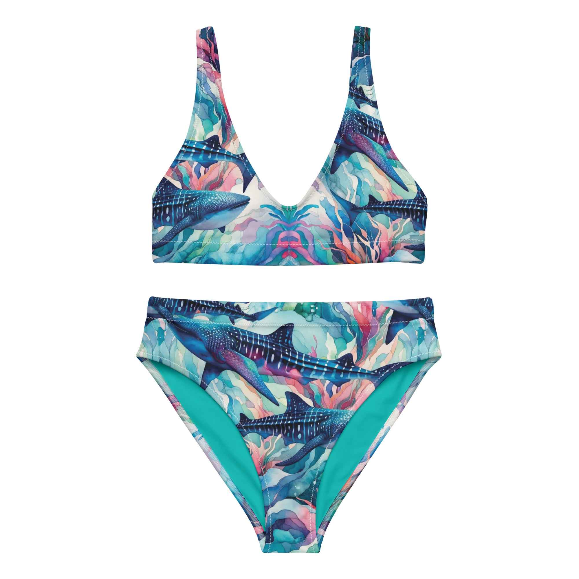 Electric Whale Shark Scuba Bikini - High Waisted Set – front view – scuba diving swimsuit with UPF 50+ sun protection for tropical reef diving