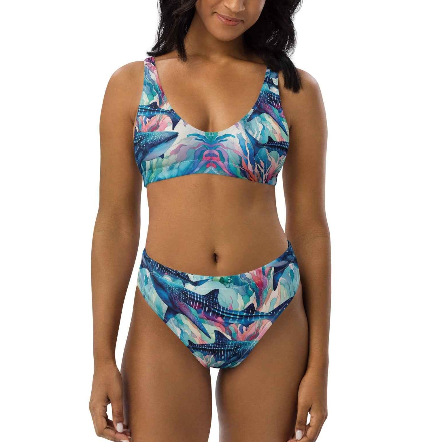 Electric Whale Shark Scuba Bikini - High Waisted Set – front view – sustainable scuba swimsuit in soft recycled polyester for ocean lovers