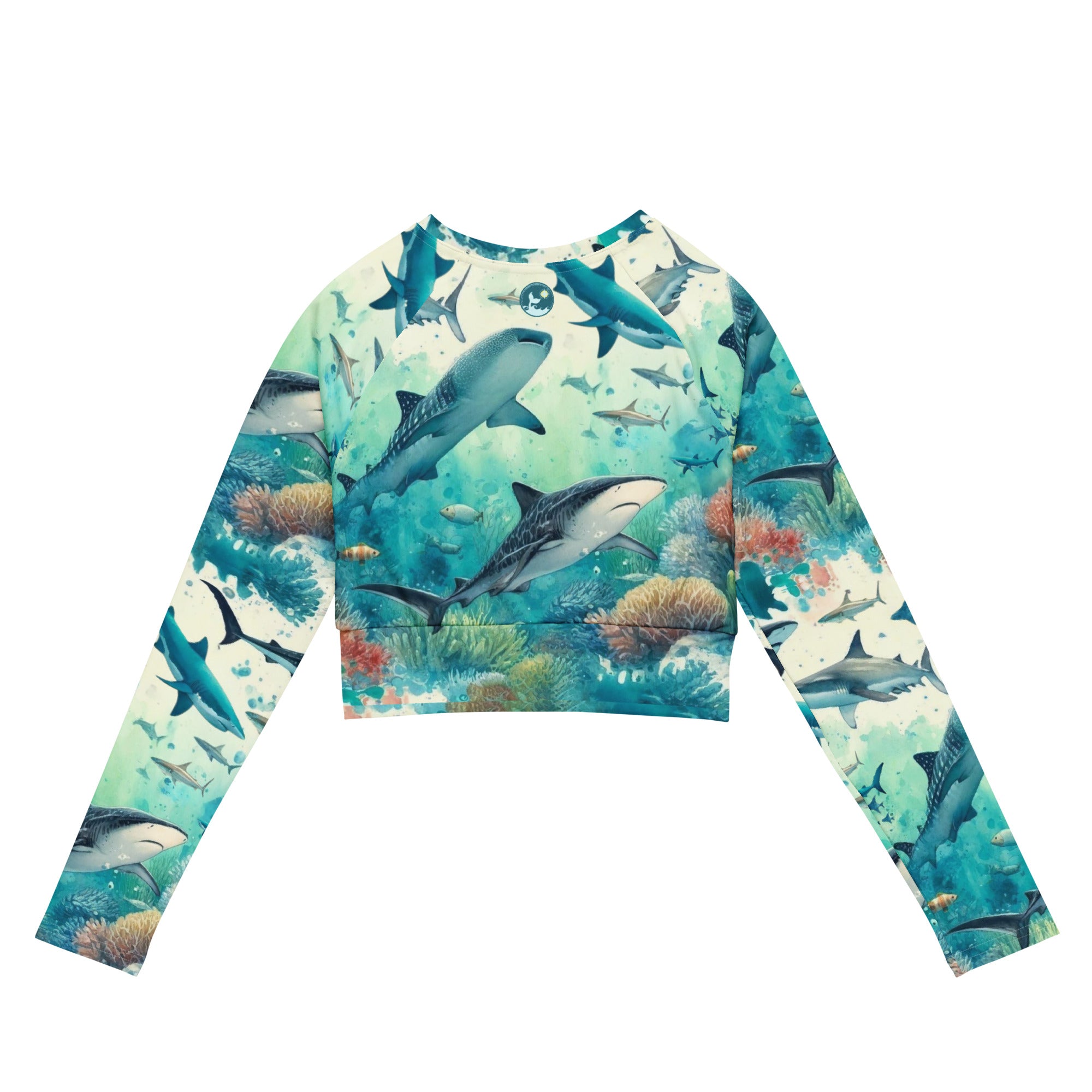 Shark Frenzy Cropped Rashie – back view – cropped rash guard that fits under a wetsuit for tropical diving