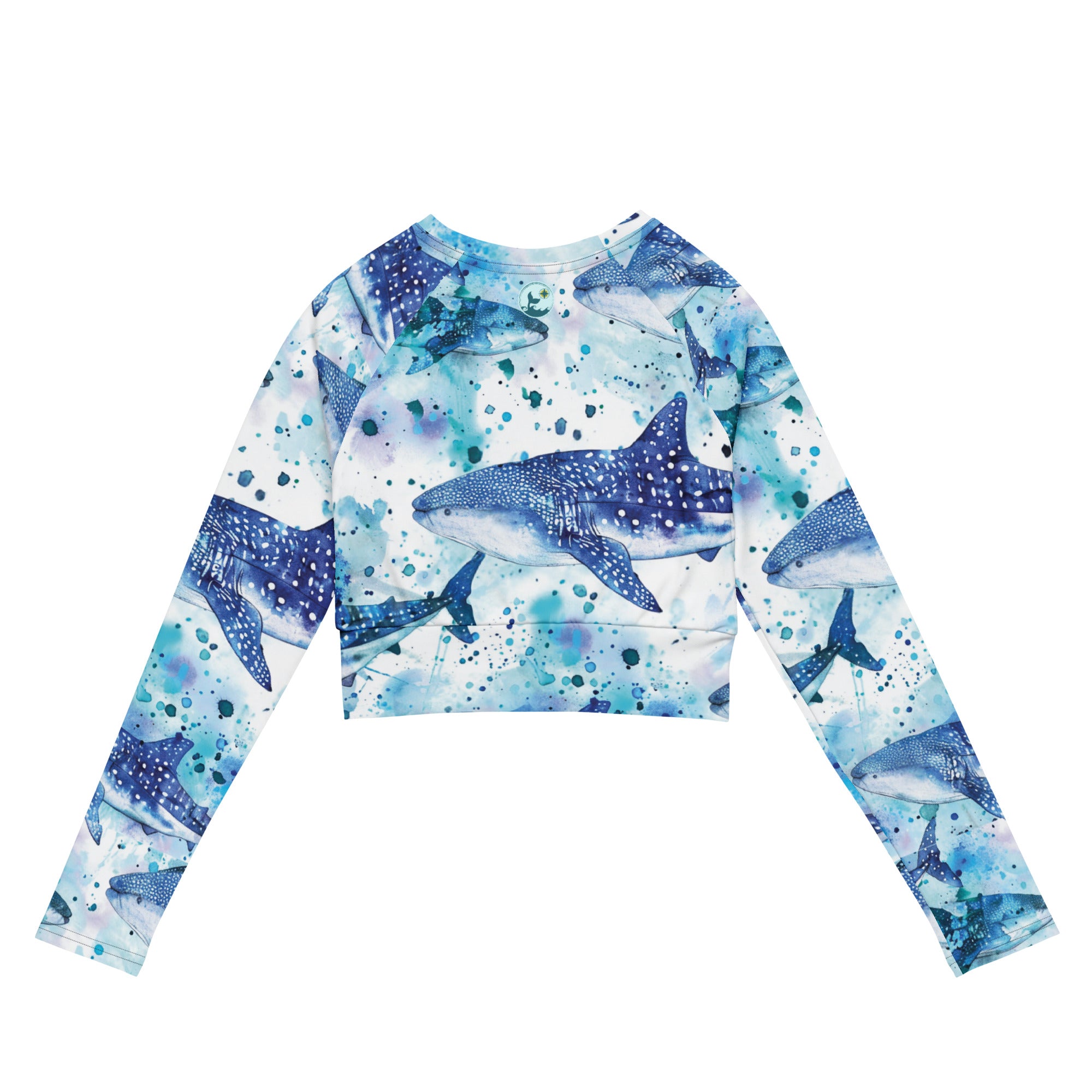 Whimsical Whale Shark Cropped Rashie – back view – cropped rash guard that fits under a wetsuit for tropical diving
