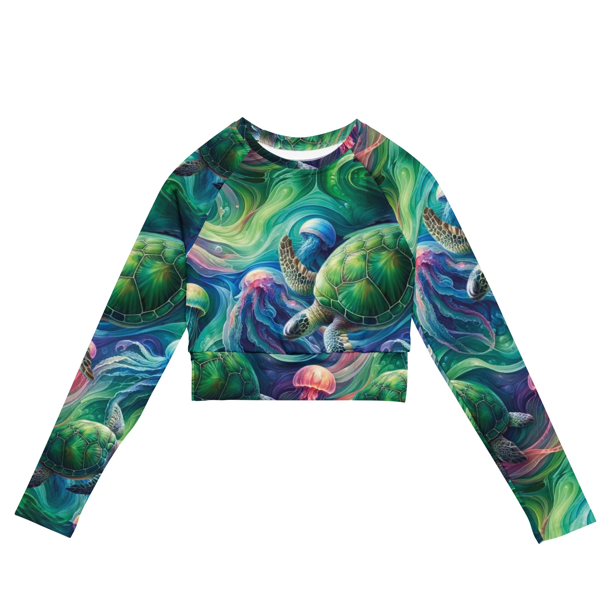 Psychedelic Turtle Cropped Rashie – front view – cropped rash guard with UPF 50+ sun protection for scuba divers
