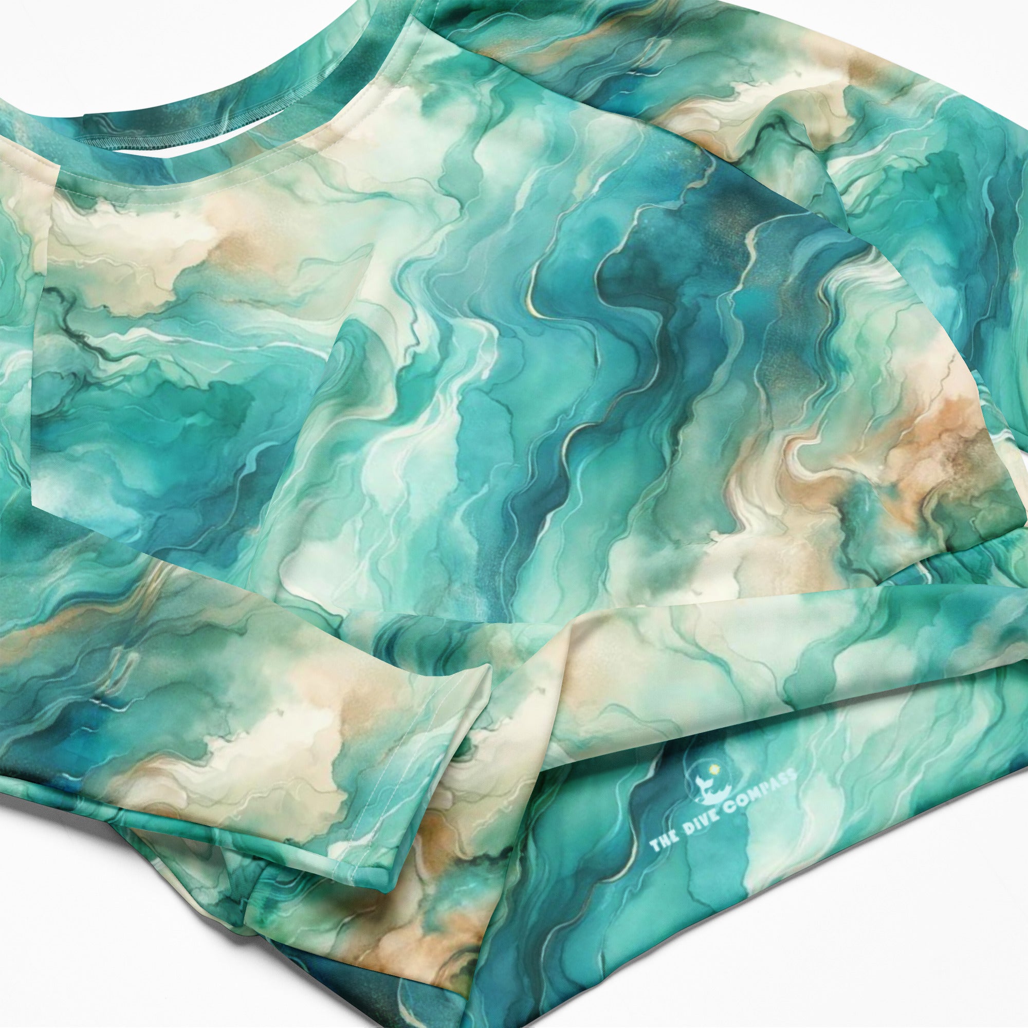 Turquoise Seas Cropped Rashie – product details – recycled cropped rashie made for diving, snorkeling, and surfing
