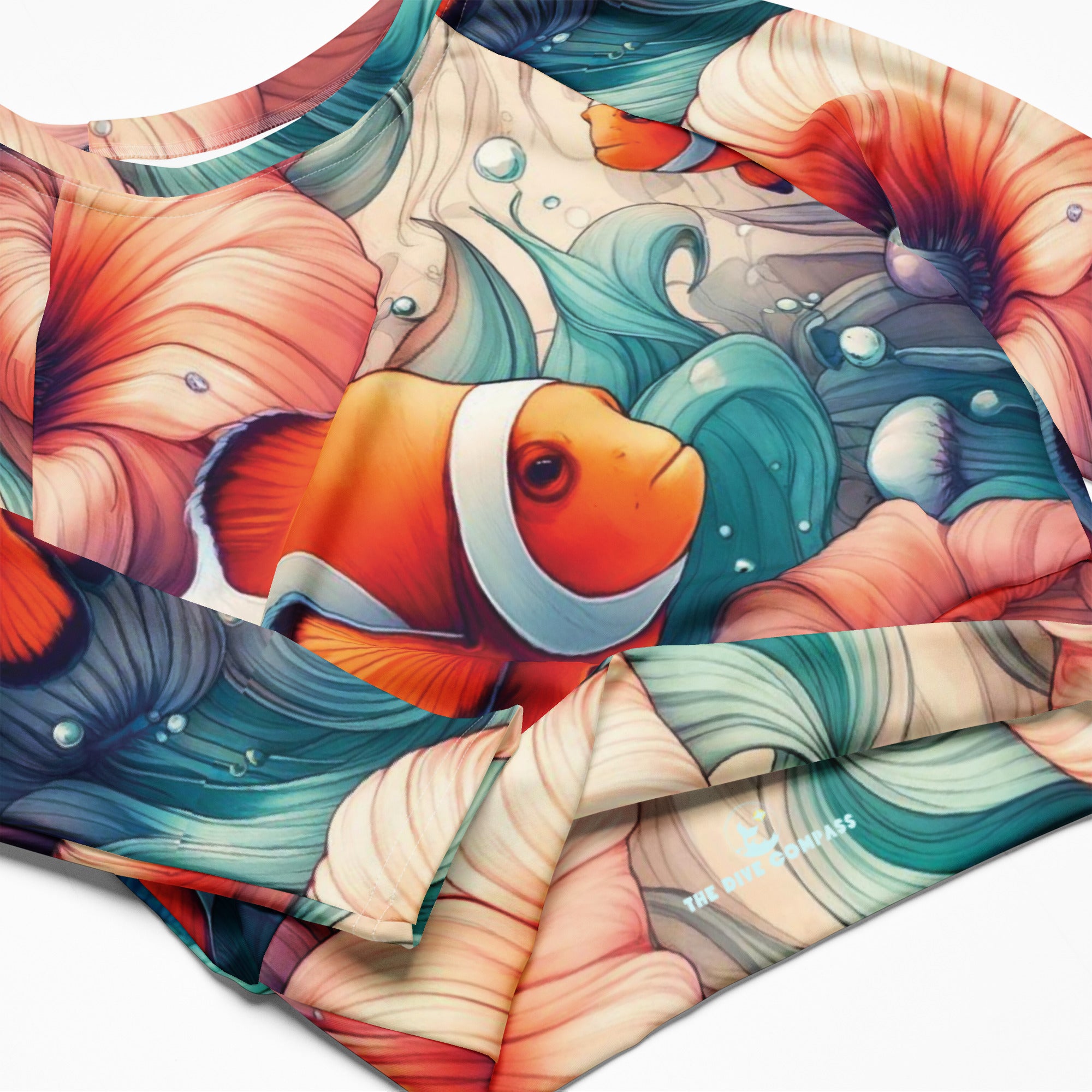 Clownfish Gardens Cropped Rashie – product details – recycled cropped rashie made for diving, snorkeling, and surfing