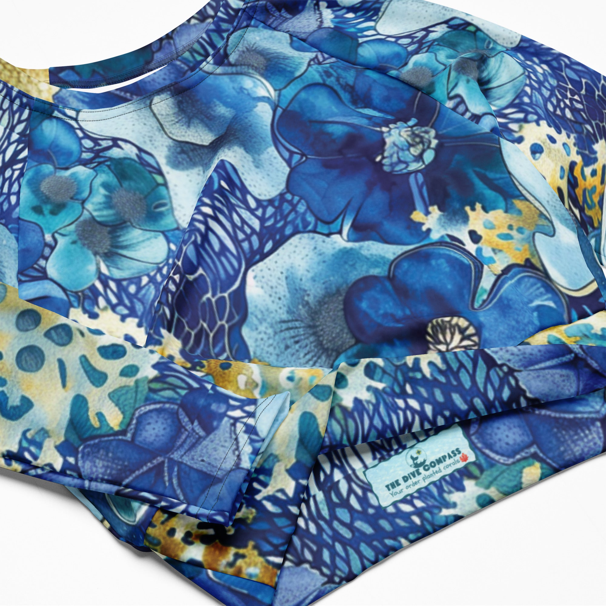 Coral Blossoms Cropped Rashie – product details – recycled cropped rashie made for diving, snorkeling, and surfing
