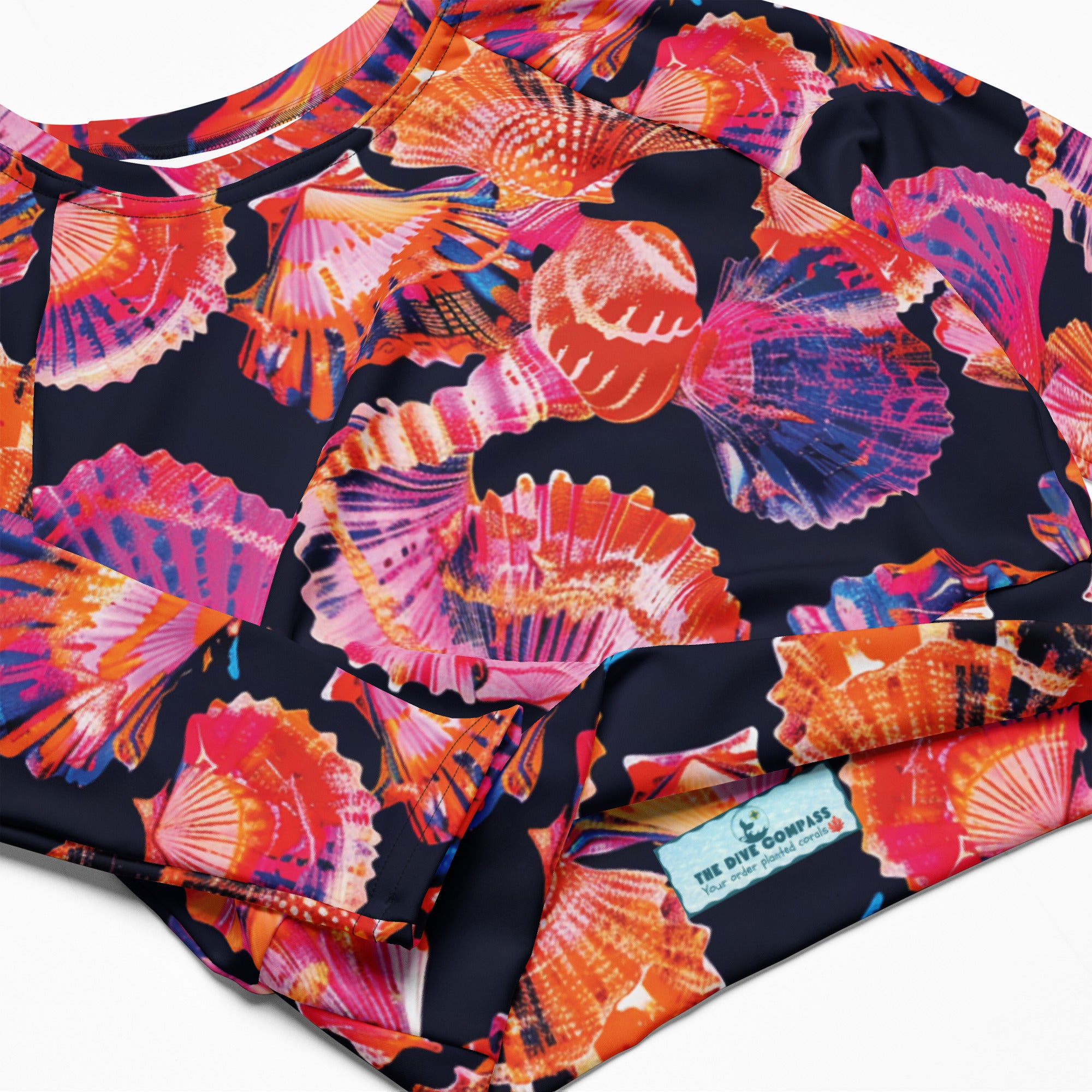 Neon Shells Cropped Rashie – product details – recycled cropped rashie made for diving, snorkeling, and surfing