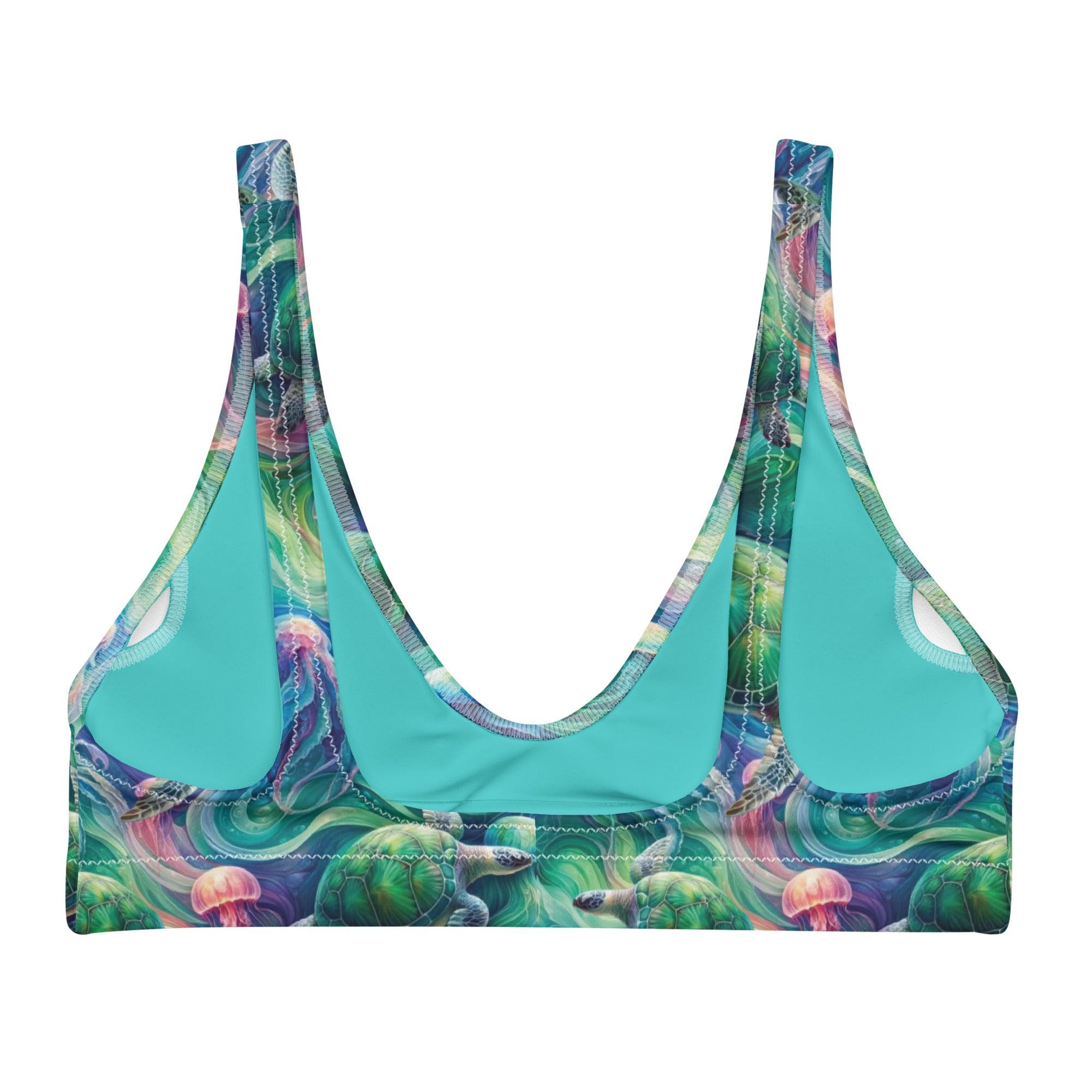 Psychedelic Turtle Scuba Bikini Top – back view – diving swimsuit that stays put under a wetsuit for scuba and freediving
