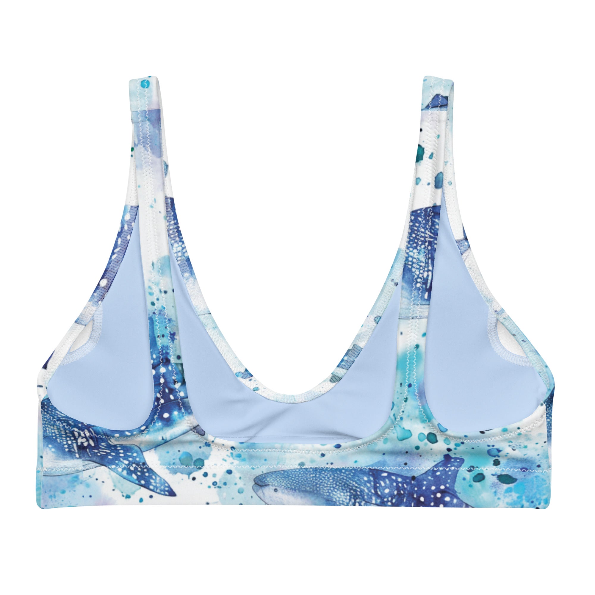 Whimsical Whale Shark Scuba Bikini Top – back view – diving swimsuit that stays put under a wetsuit for scuba and freediving