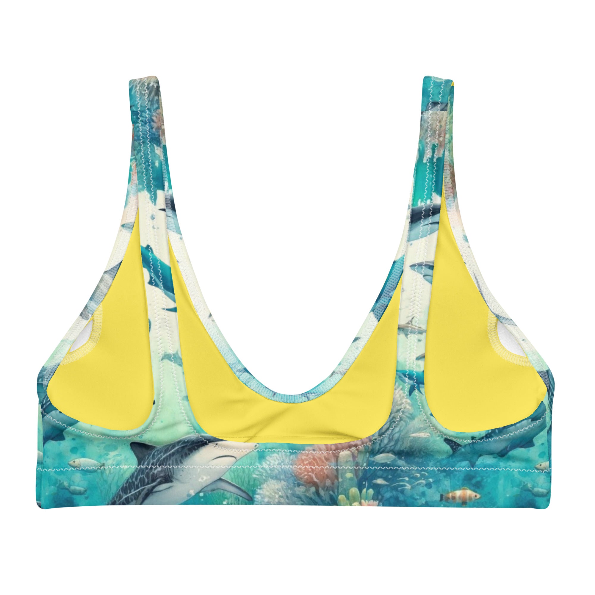Shark Frenzy Scuba Bikini Top – back view – sustainable scuba swimsuit in soft recycled polyester for ocean lovers