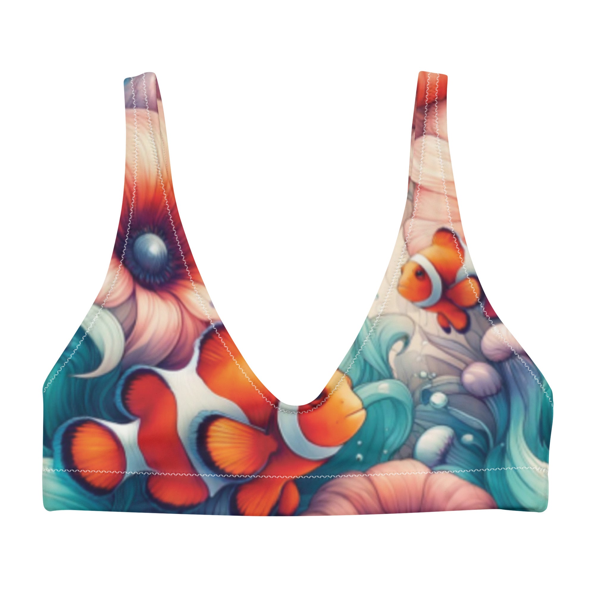 Clownfish Gardens Scuba Bikini Top – front view – scuba diving swimsuit with UPF 50+ sun protection for tropical reef diving