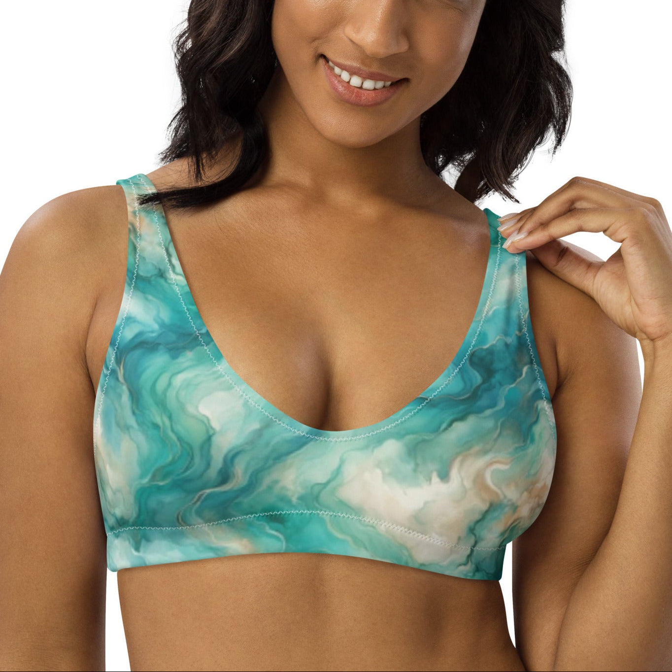 Turquoise Seas Scuba Bikini Top – front view – recycled scuba bikini for divers, snorkelers, and warm water adventures