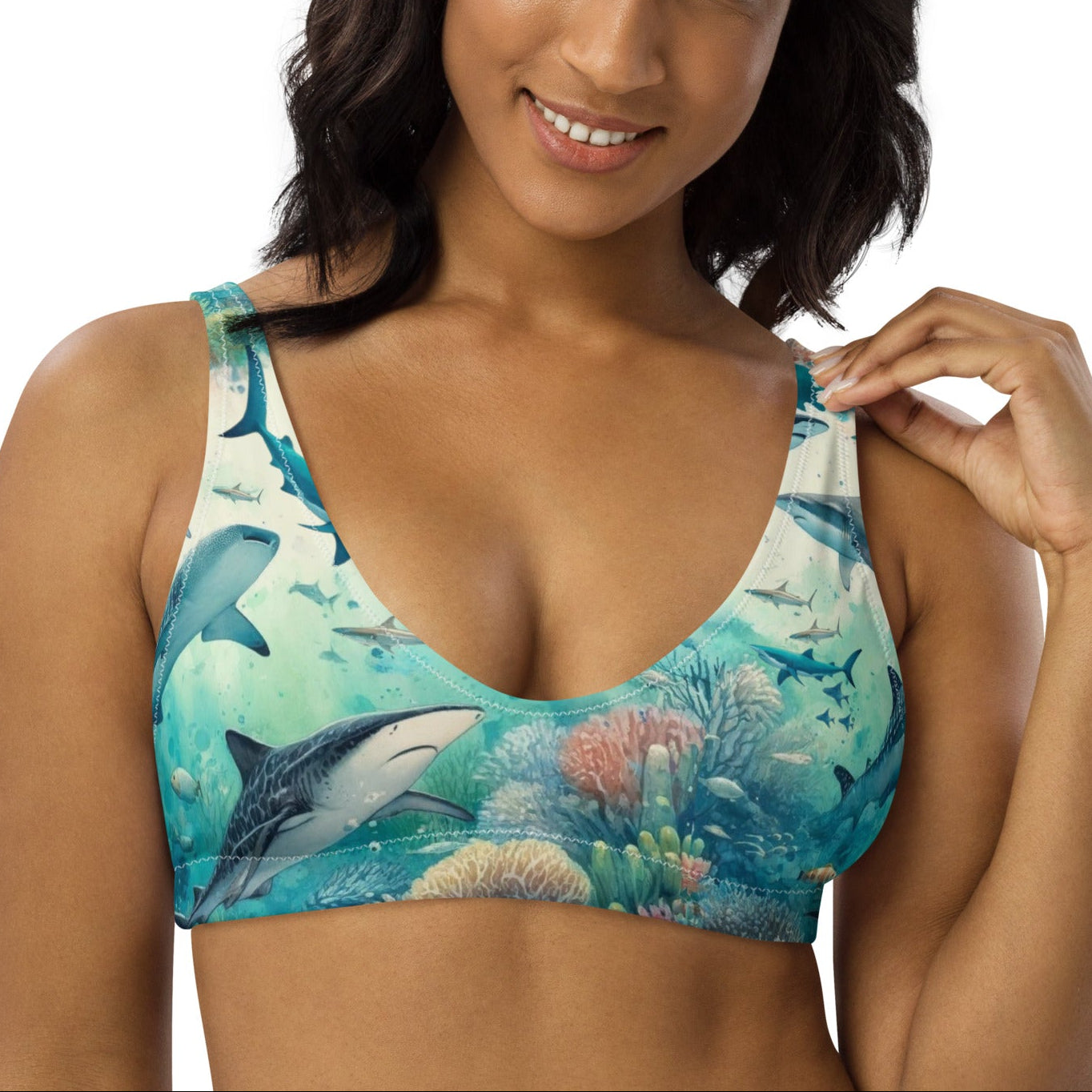 Shark Frenzy Scuba Bikini Top – front view – recycled scuba bikini for divers, snorkelers, and warm water adventures