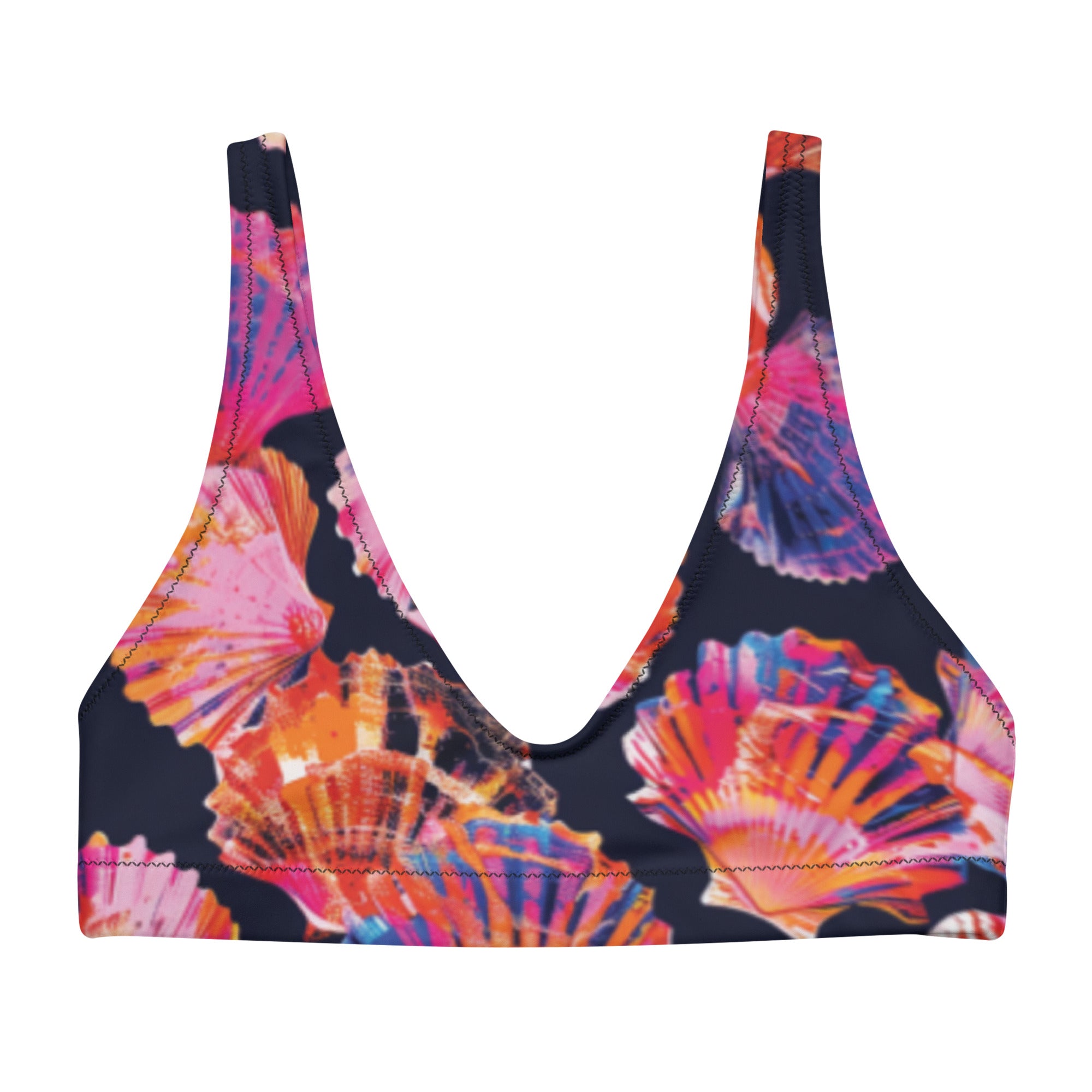 Neon Shells Scuba Bikini Top – front view – scuba diving swimsuit with UPF 50+ sun protection for tropical reef diving