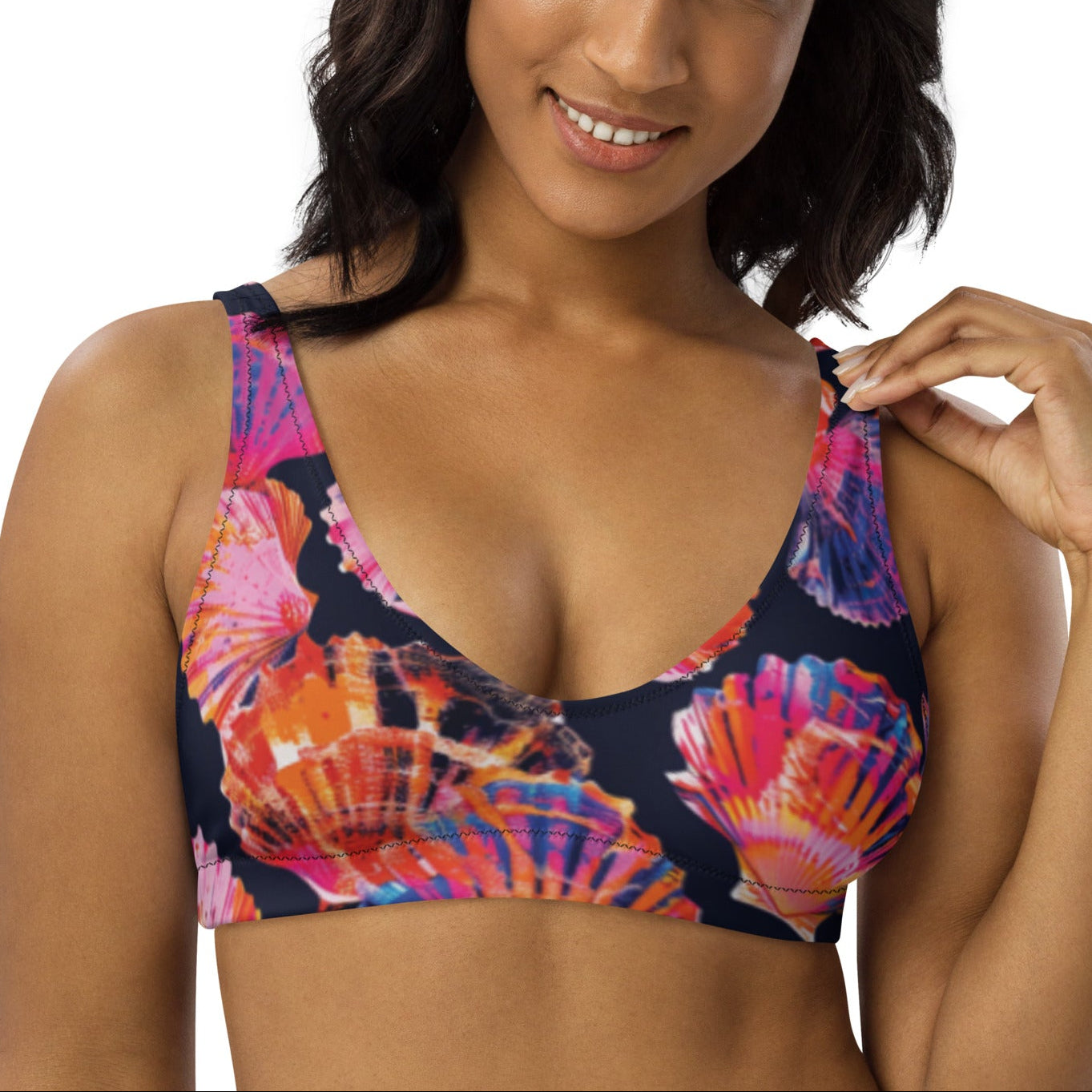 Neon Shells Scuba Bikini Top – front view – recycled scuba bikini for divers, snorkelers, and warm water adventures