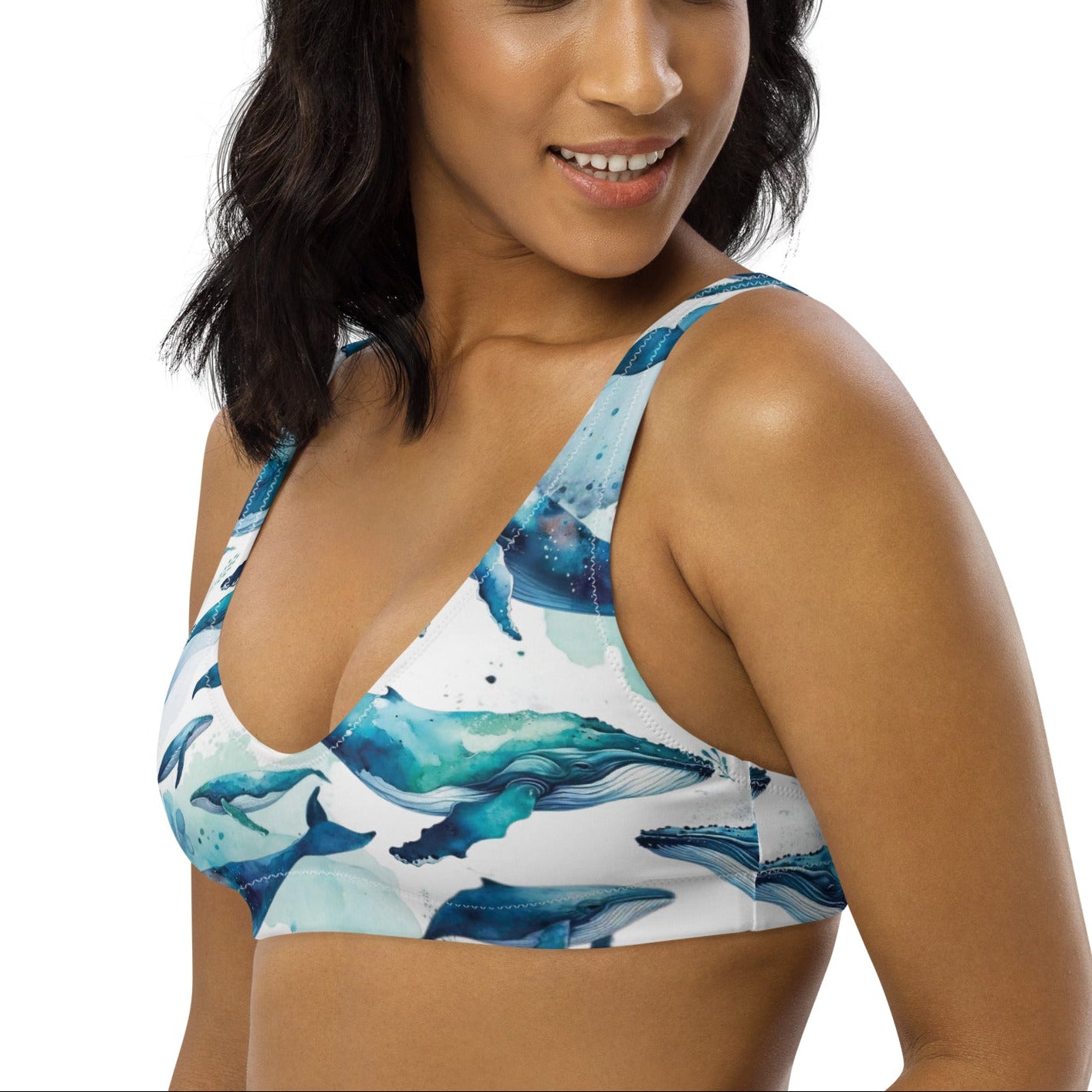 Humpback Dreams Scuba Bikini Top – left front view – recycled scuba bikini for divers, snorkelers, and warm water adventures