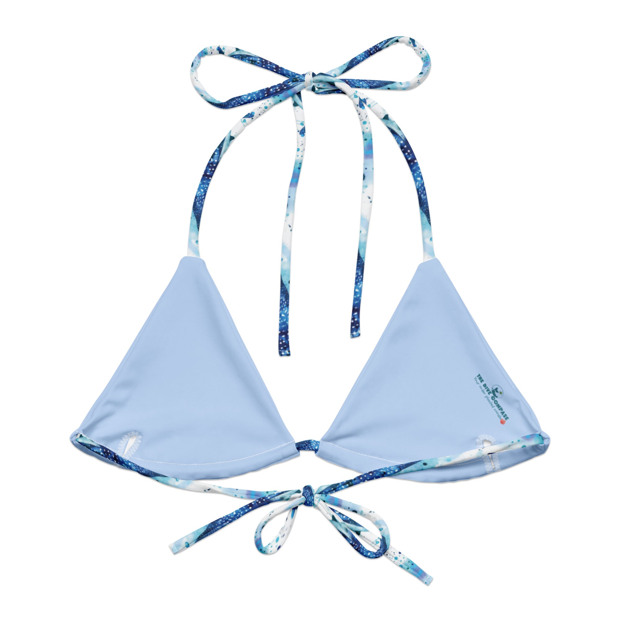 Whimsical Whale Shark String Bikini Top – back view – ocean swimwear with adjustable string ties and recycled polyester fabric
