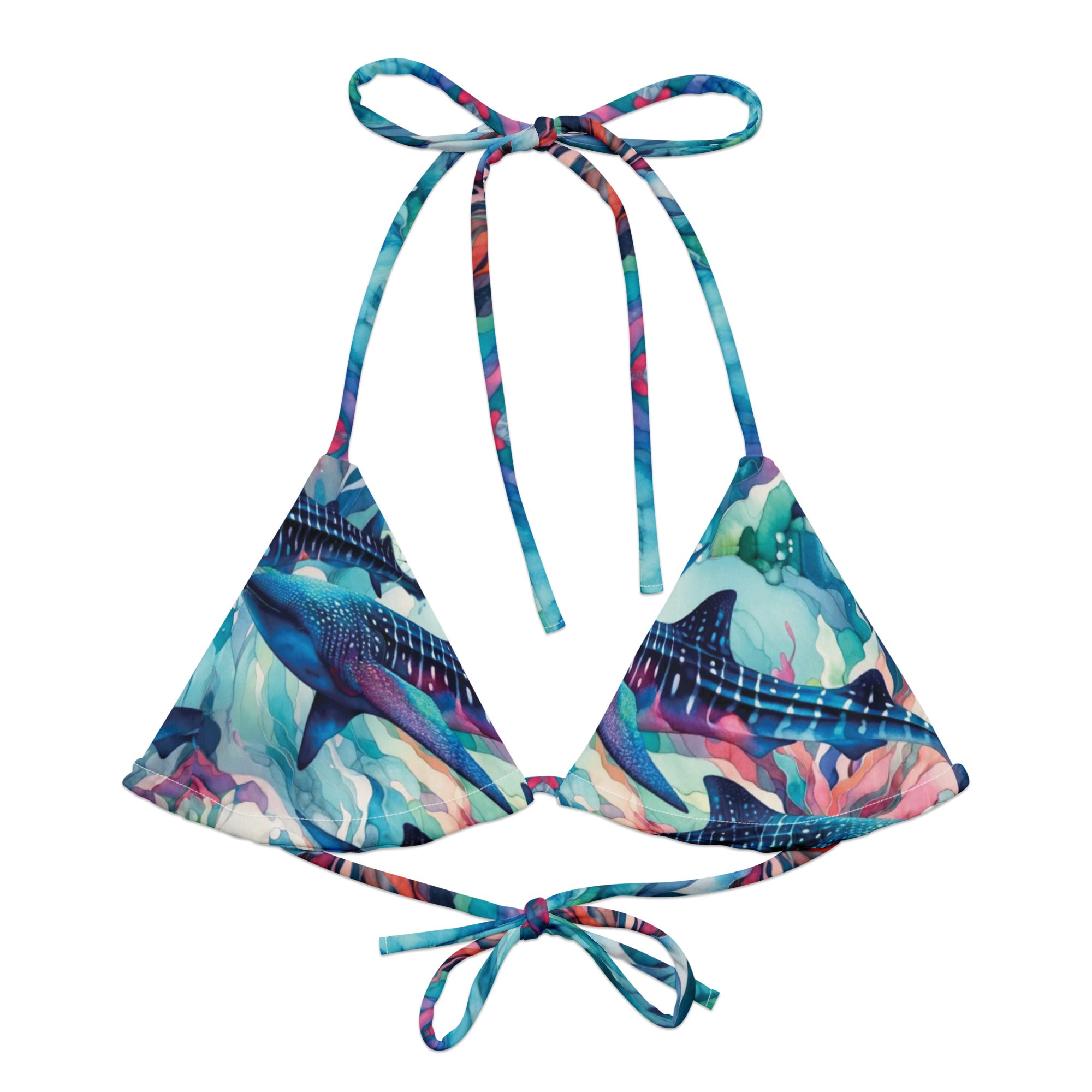 Electric Whale Shark String Bikini Top – front view – recycled string bikini for divers, snorkelers, and tropical beach days