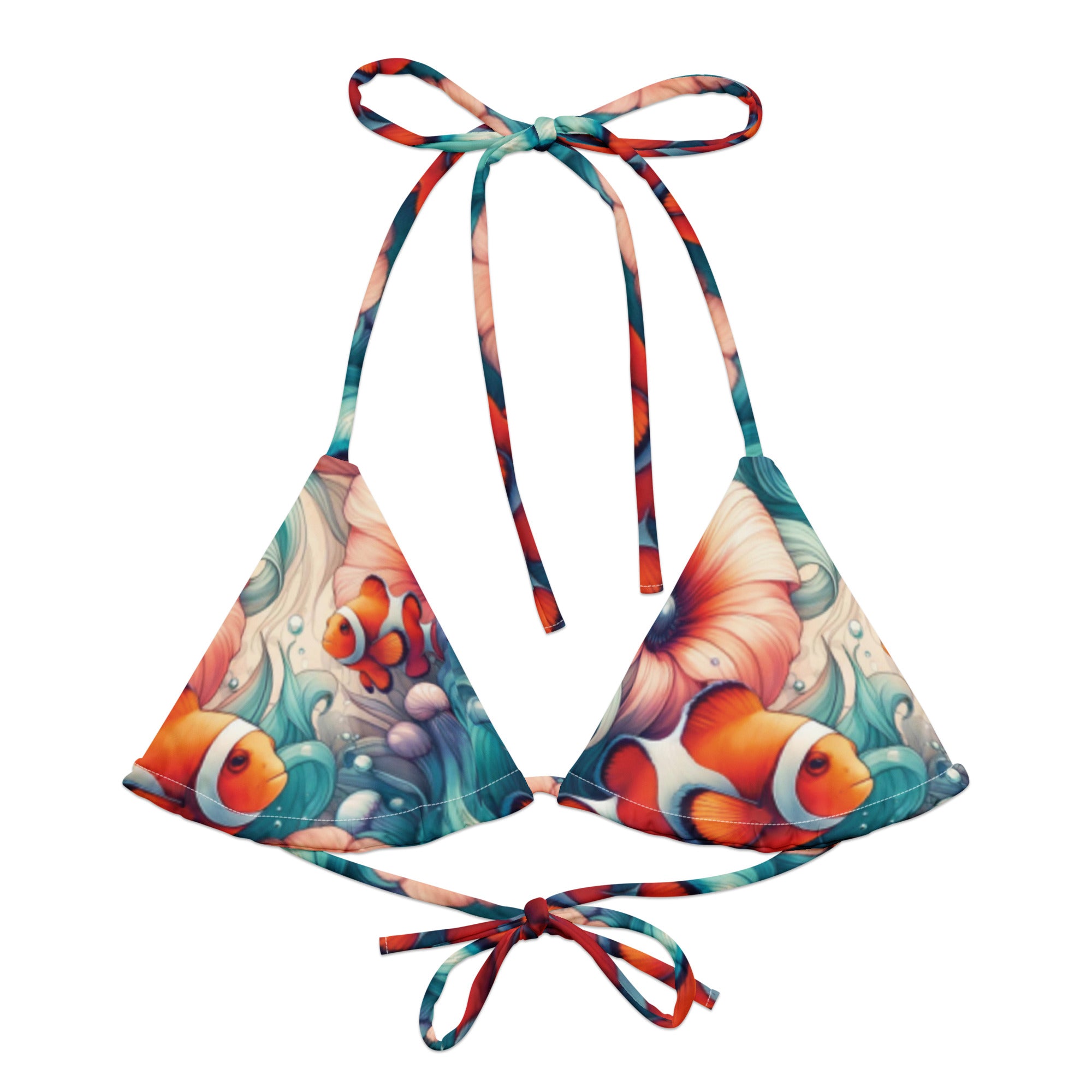 Clownfish Gardens String Bikini Top – front view – recycled string bikini for divers, snorkelers, and tropical beach days
