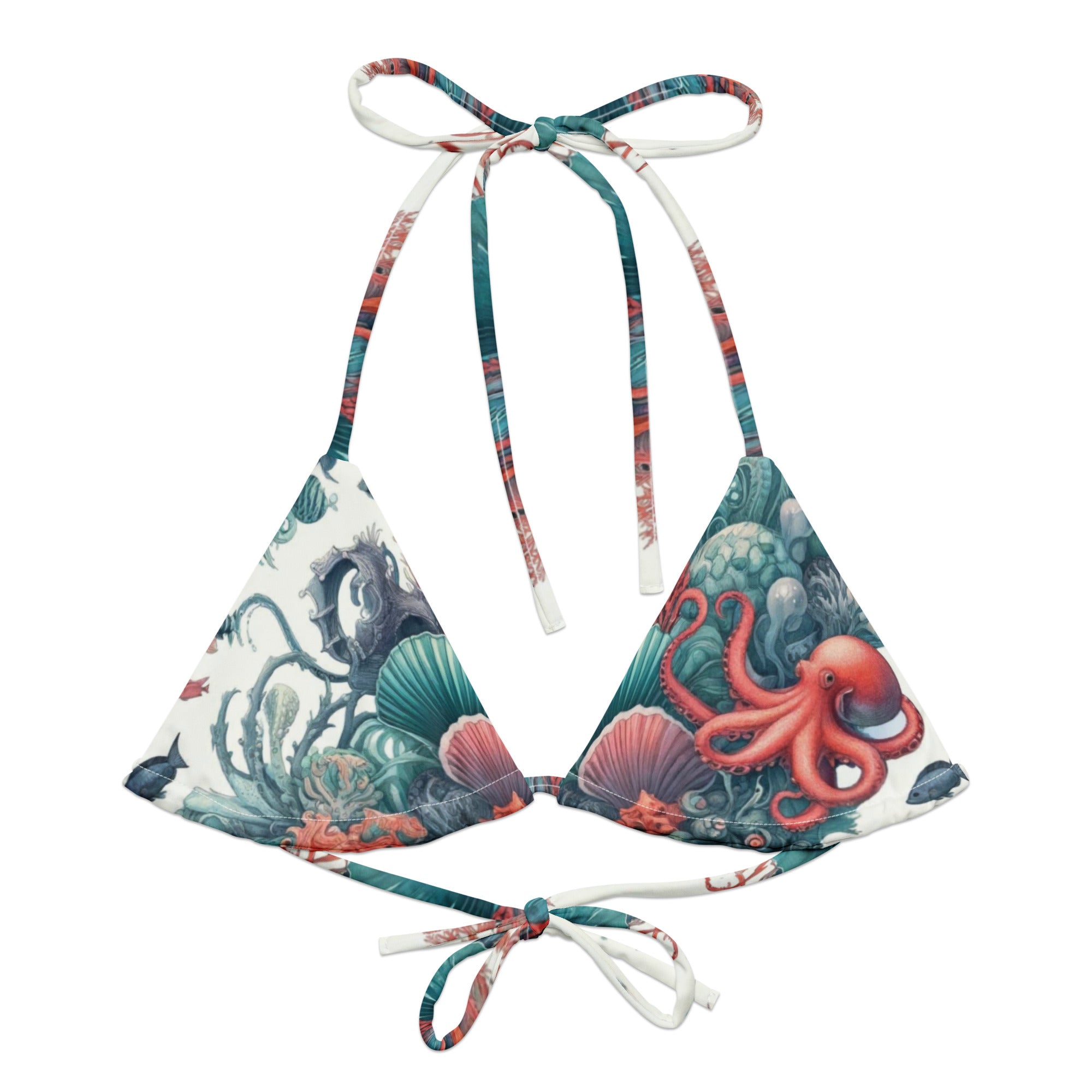 Octopus Reef String Bikini Top – front view – recycled string bikini for divers, snorkelers, and tropical beach days