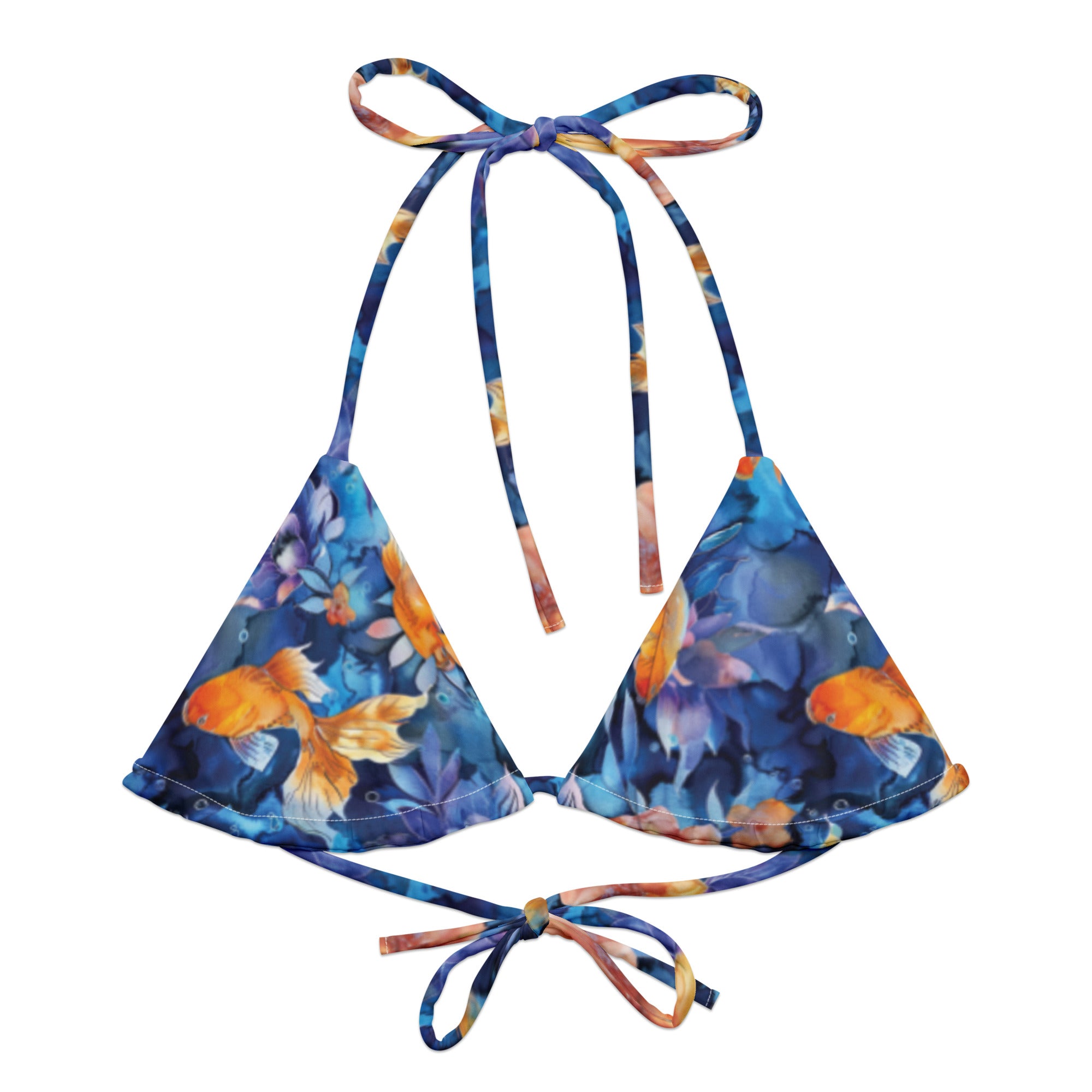 Jasmine Koi String Bikini Top – front view – recycled string bikini for divers, snorkelers, and tropical beach days
